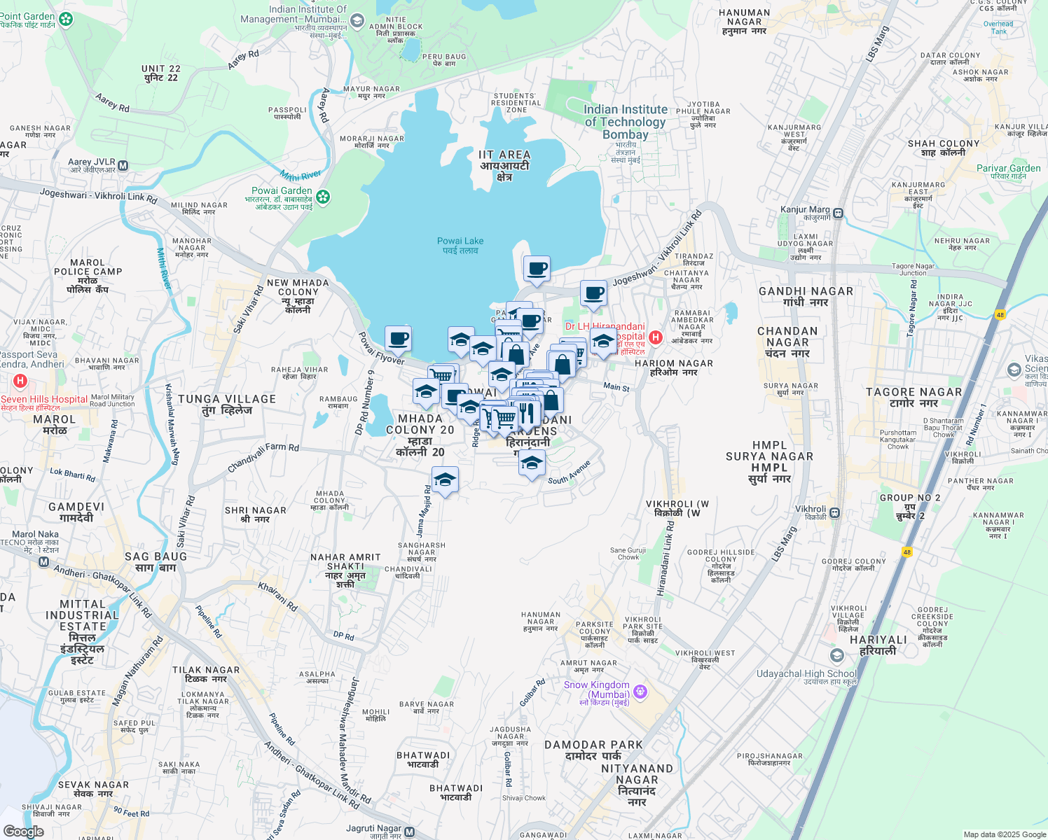 map of restaurants, bars, coffee shops, grocery stores, and more near Central Avenue in Mumbai