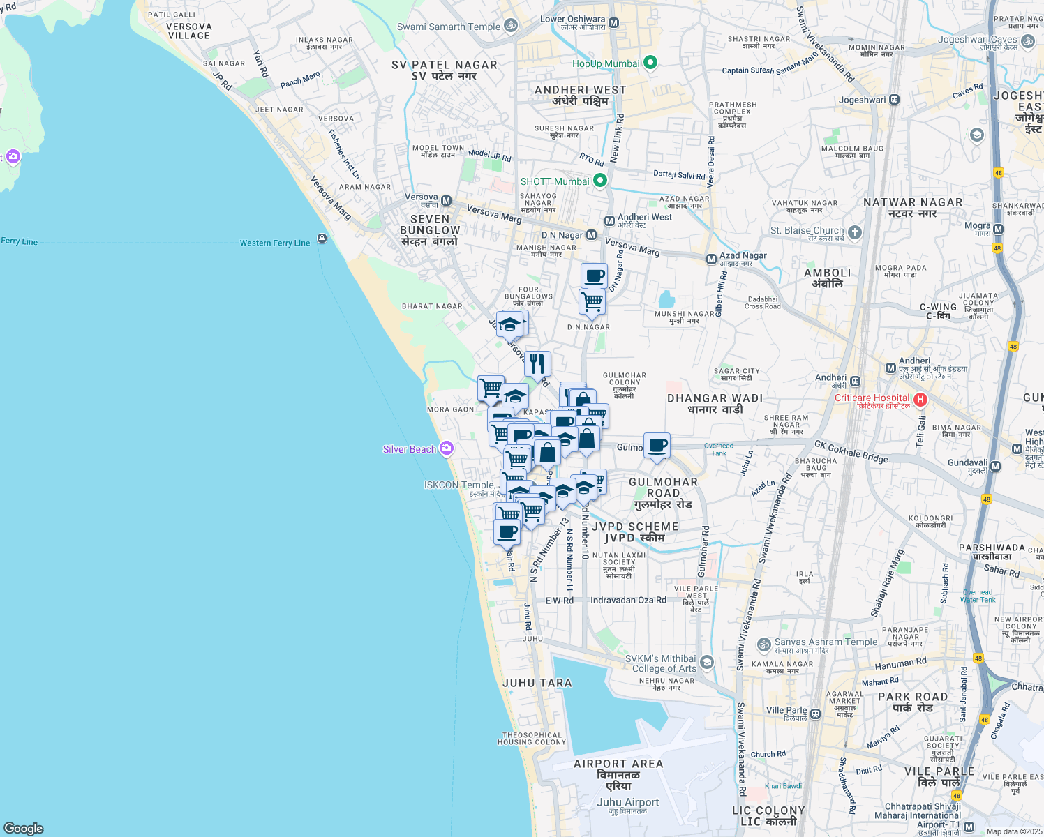 map of restaurants, bars, coffee shops, grocery stores, and more near Nirmala Devi Arun Kumar Ahuja Road in Mumbai