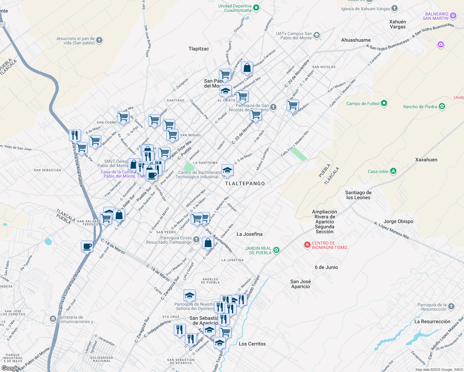 map of restaurants, bars, coffee shops, grocery stores, and more near 6 Calle 5 de Febrero Norte in Ciudad de San Pablo del Monte
