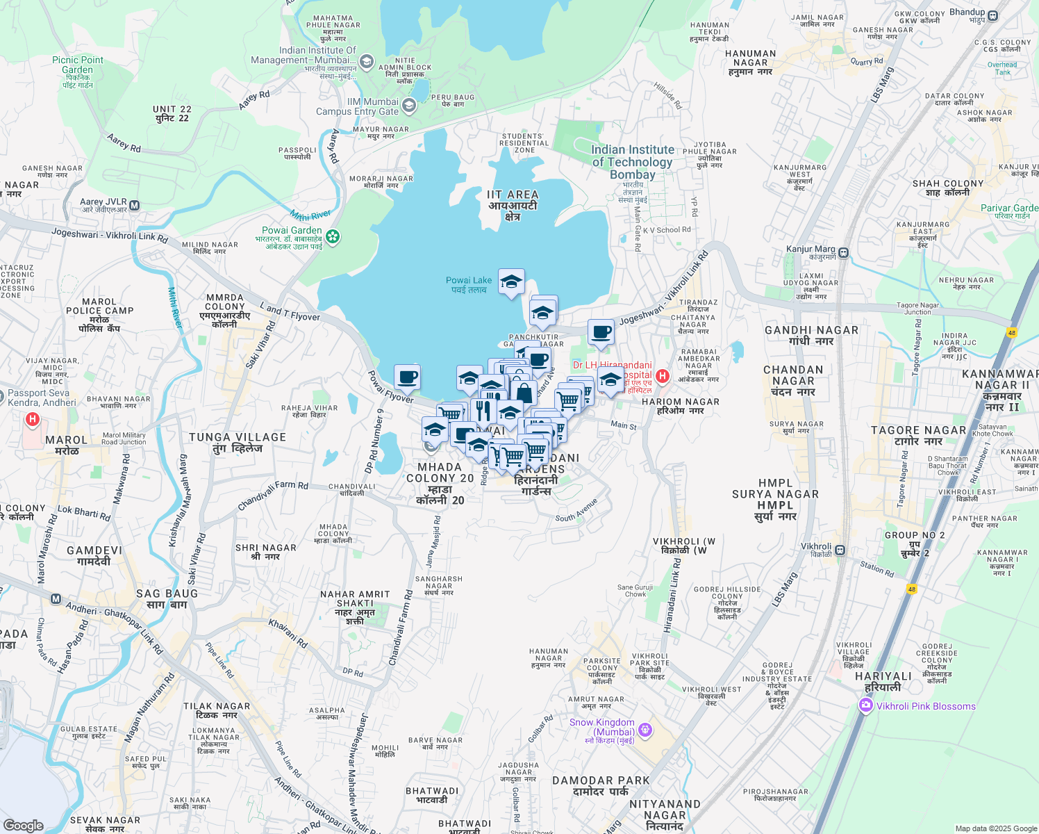 map of restaurants, bars, coffee shops, grocery stores, and more near Orchard Avenue in Mumbai