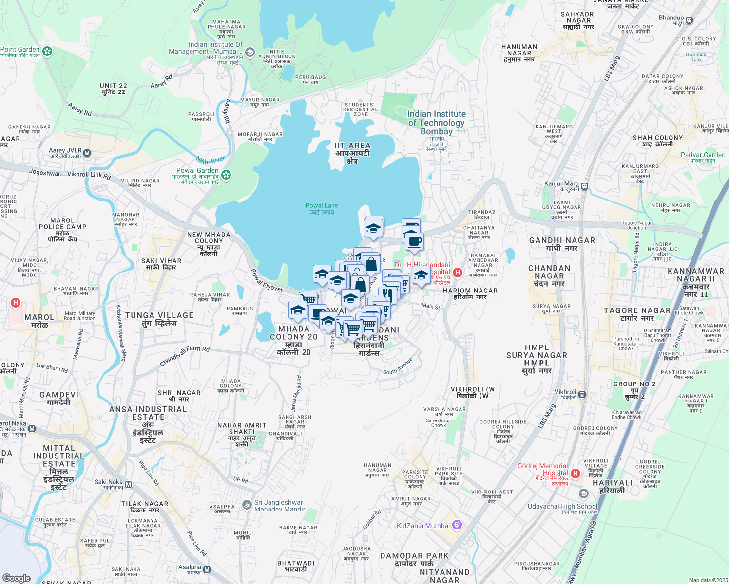 map of restaurants, bars, coffee shops, grocery stores, and more near Orchard Avenue in Mumbai