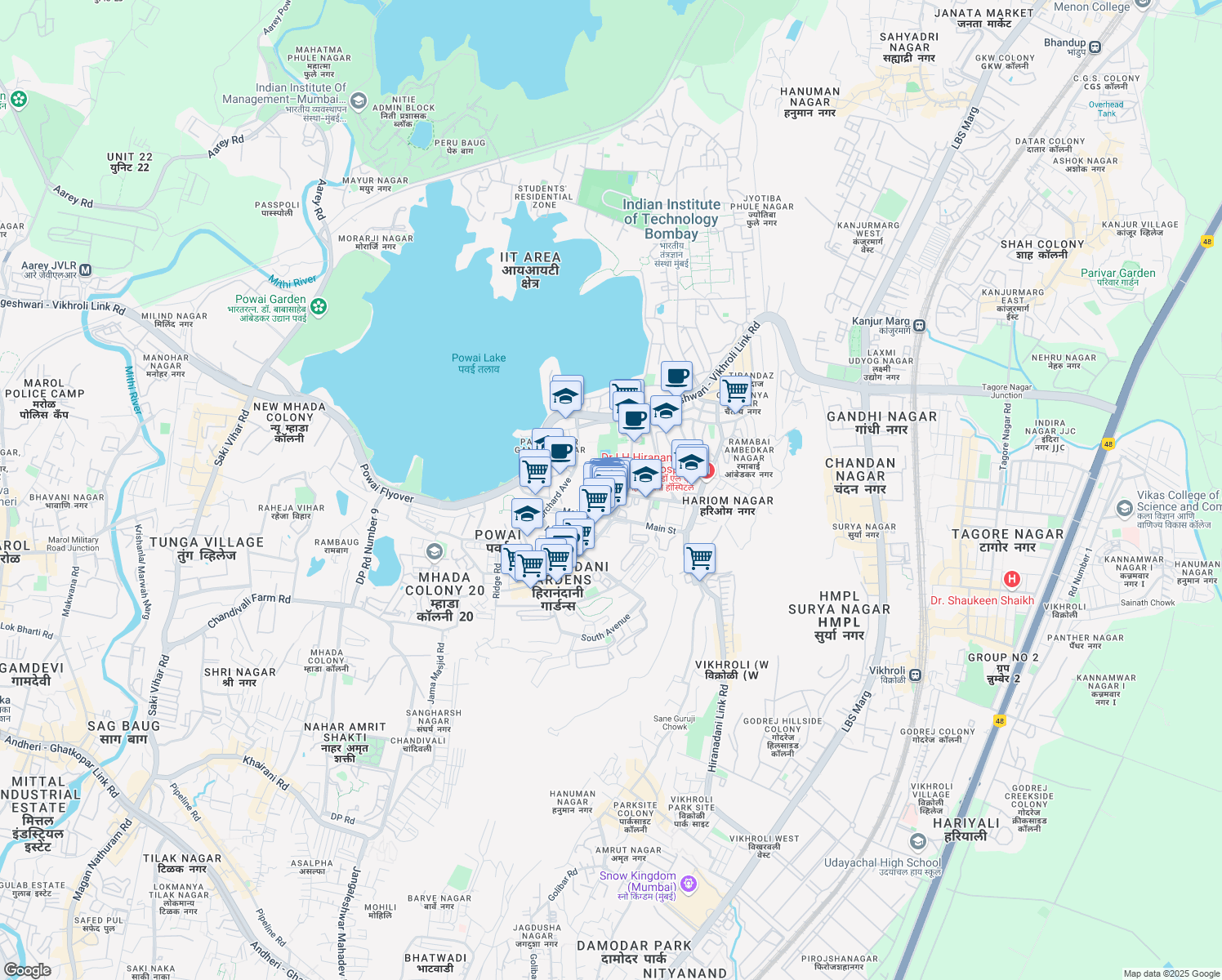 map of restaurants, bars, coffee shops, grocery stores, and more near Central Avenue in Mumbai