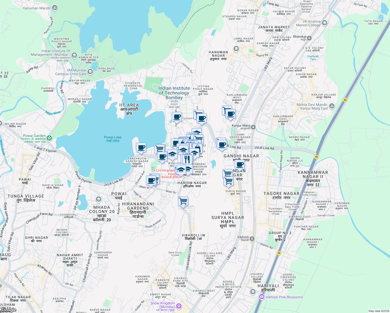 map of restaurants, bars, coffee shops, grocery stores, and more near Ground Floor, Shivrajani Building, Opp I.I.T Main Gate, Near Powai English High School in Mumbai