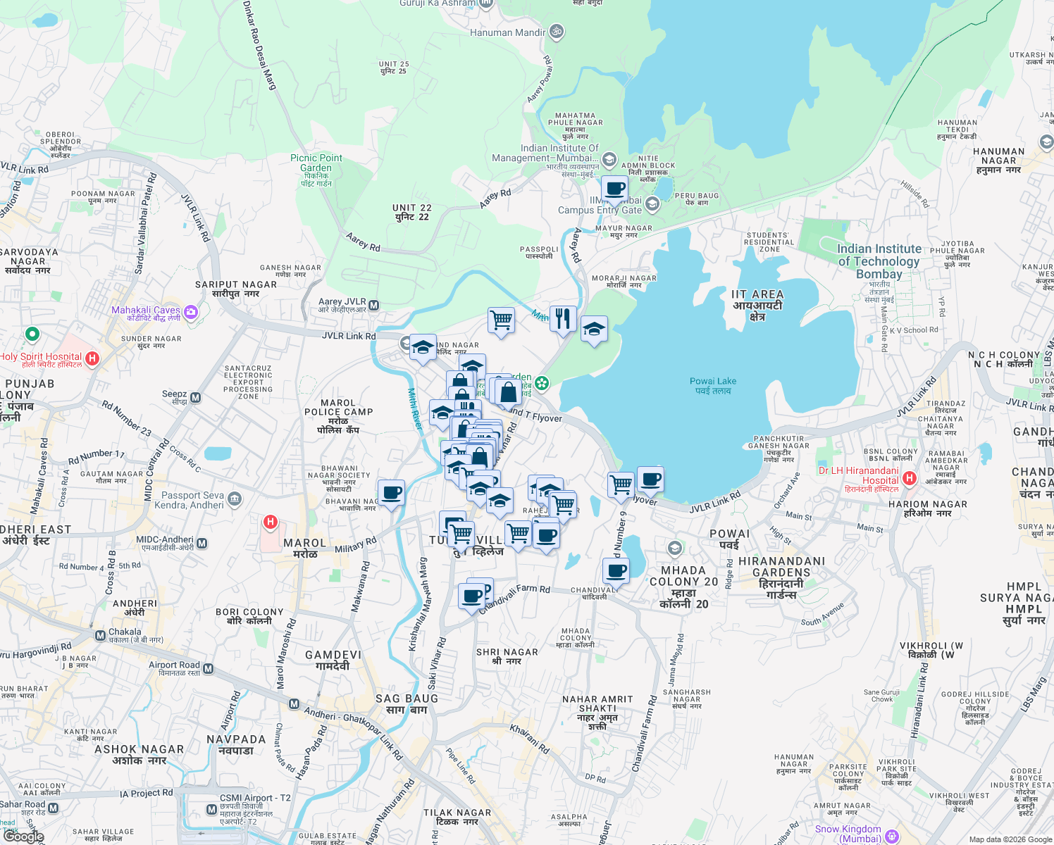 map of restaurants, bars, coffee shops, grocery stores, and more near 5 Jogeshwari - Vikhroli Link Road in Mumbai