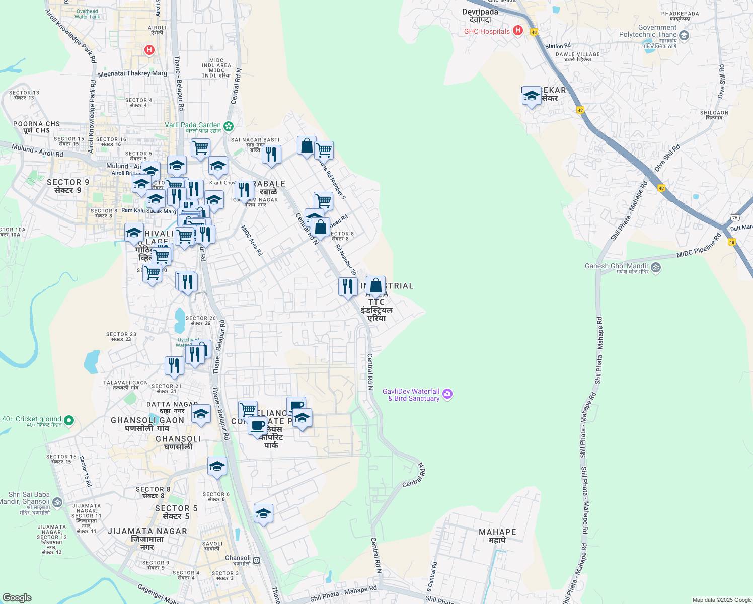 map of restaurants, bars, coffee shops, grocery stores, and more near in Navi Mumbai