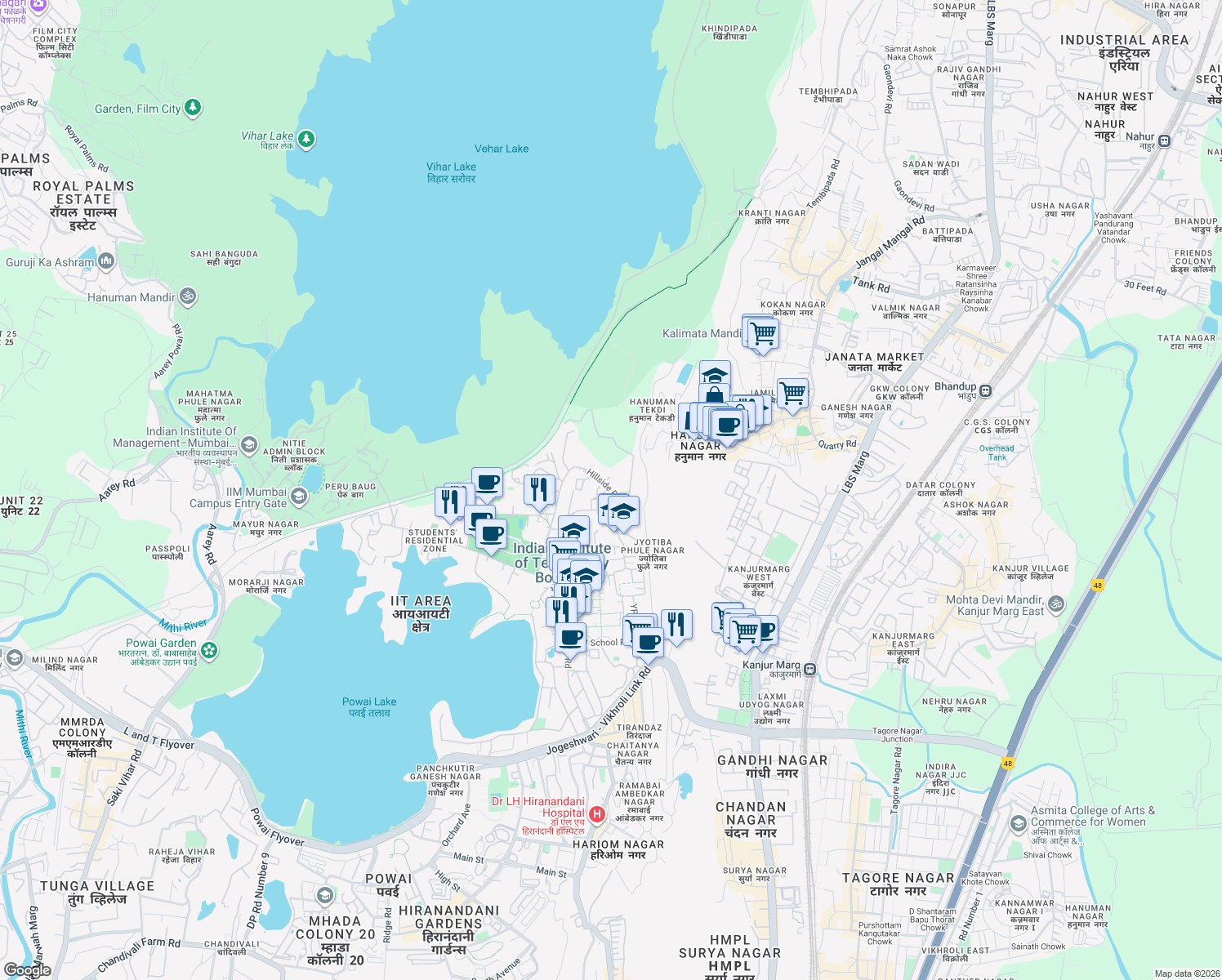 map of restaurants, bars, coffee shops, grocery stores, and more near Hillside Road in Mumbai