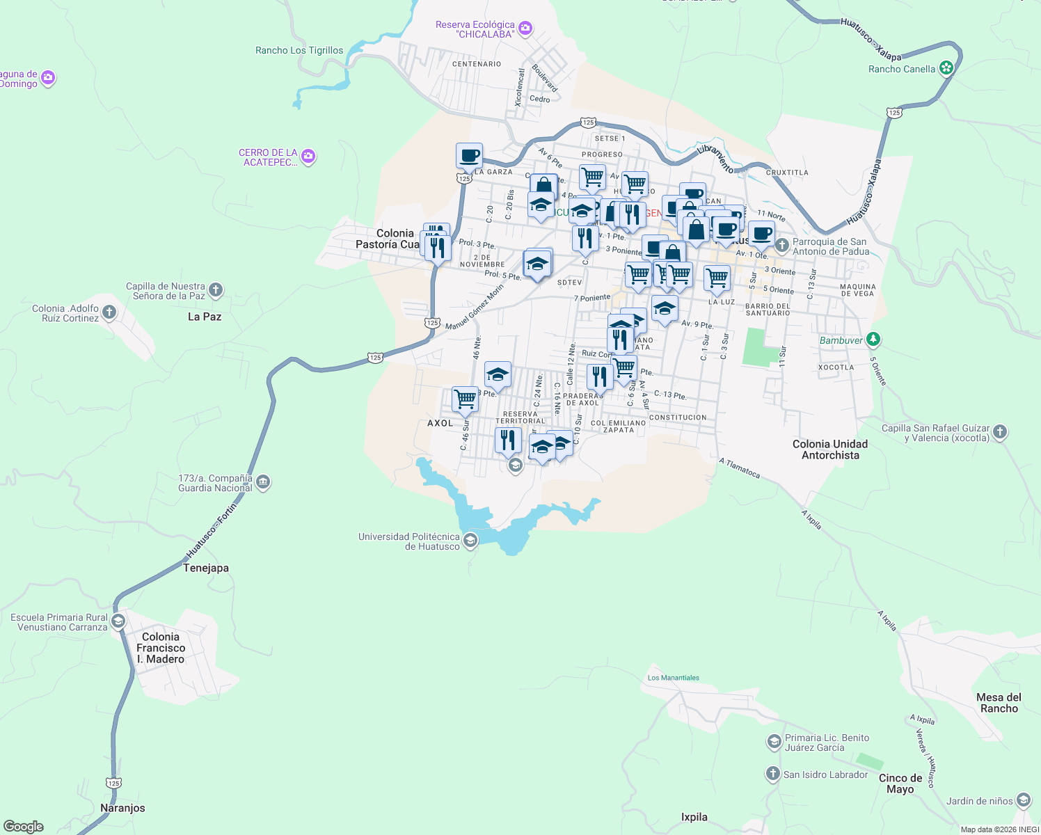 map of restaurants, bars, coffee shops, grocery stores, and more near in Huatusco de Chicuellar