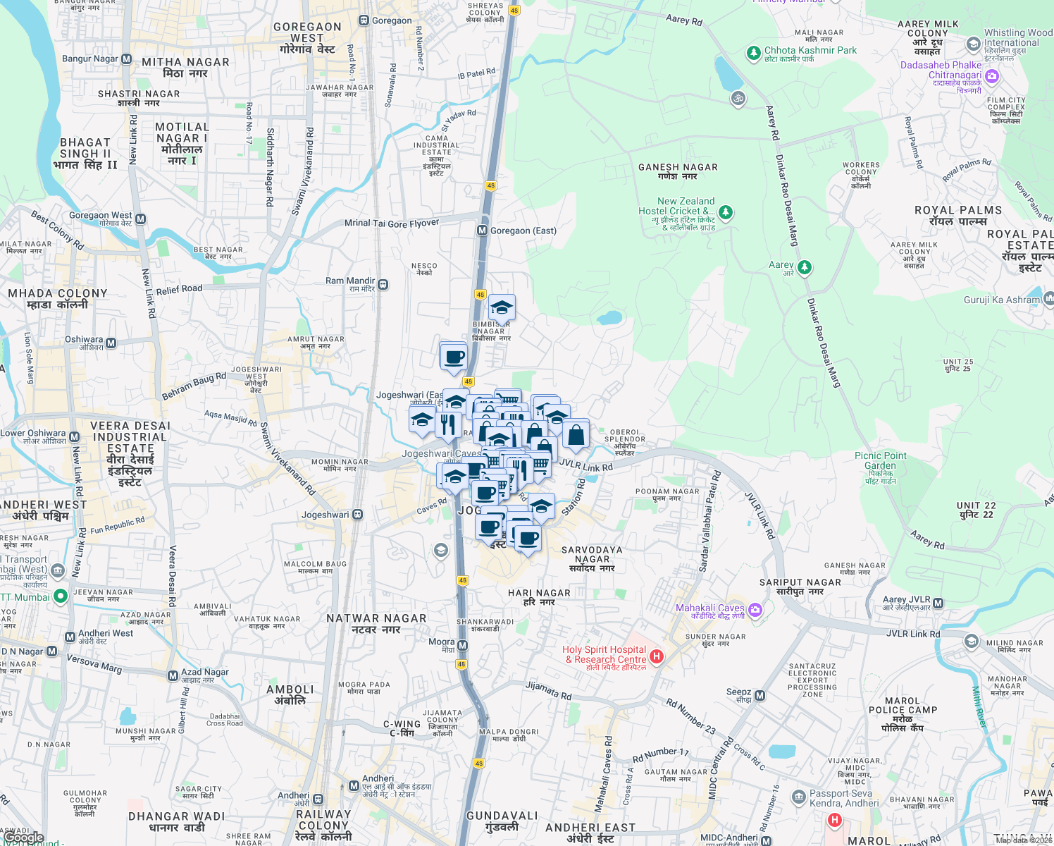 map of restaurants, bars, coffee shops, grocery stores, and more near 5 Jogeshwari - Vikhroli Link Road in Mumbai