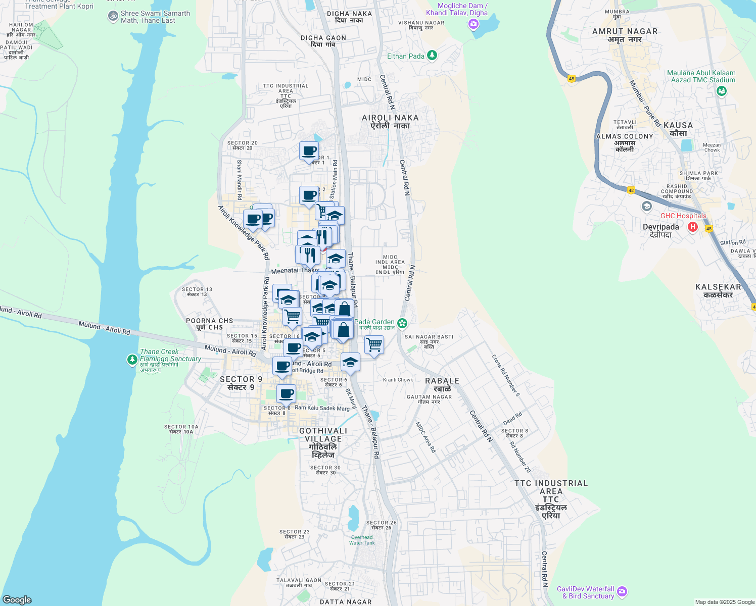 map of restaurants, bars, coffee shops, grocery stores, and more near 48 Thane - Belapur Road in Navi Mumbai