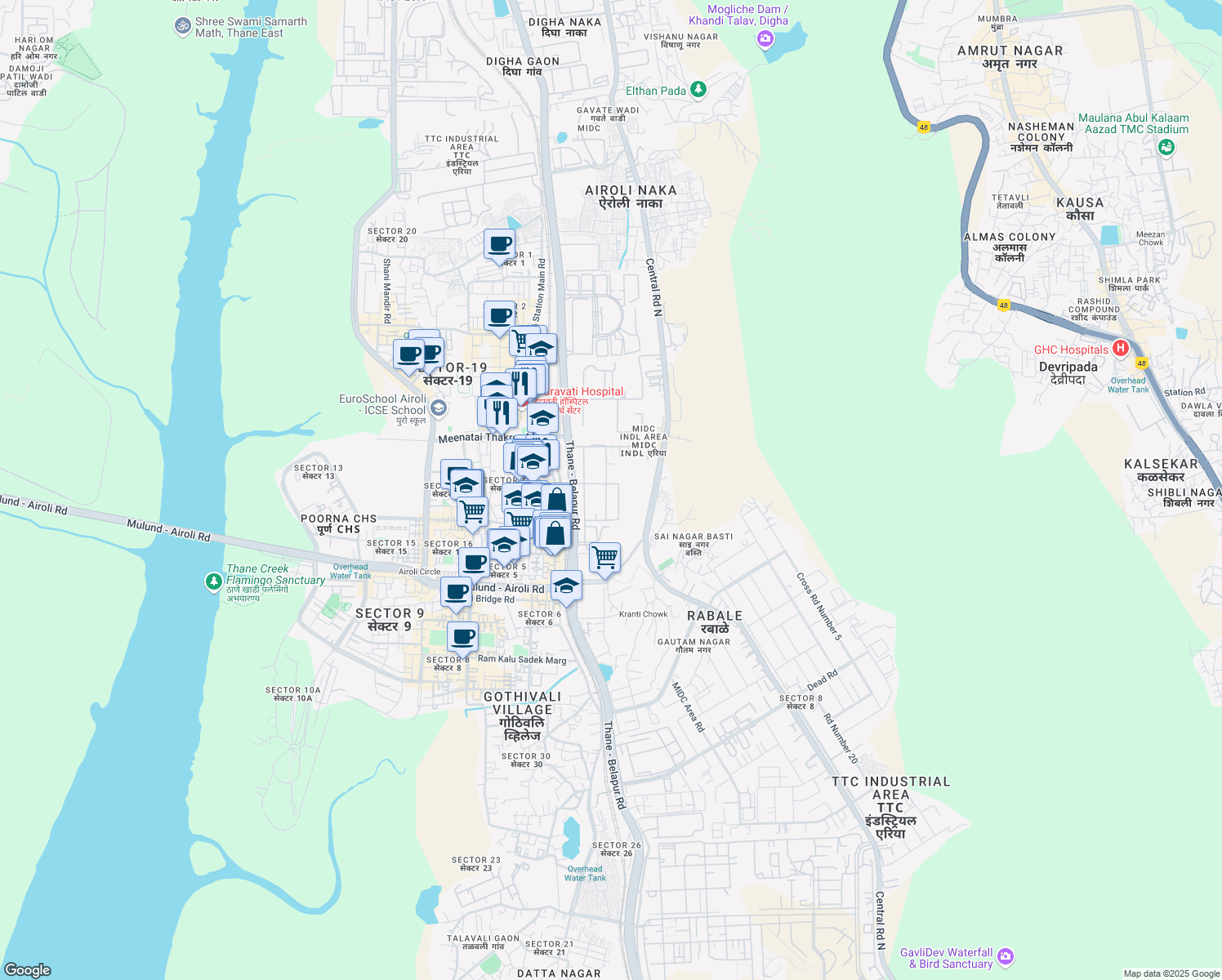 map of restaurants, bars, coffee shops, grocery stores, and more near 48 Thane - Belapur Road in Navi Mumbai