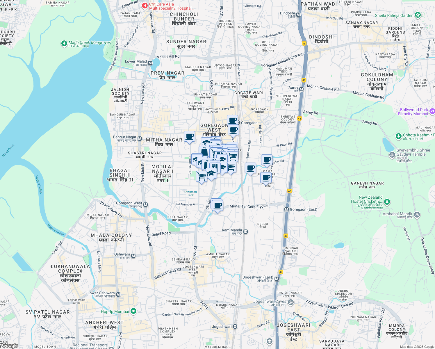map of restaurants, bars, coffee shops, grocery stores, and more near 8-B Swami Vivekananda Road in Mumbai