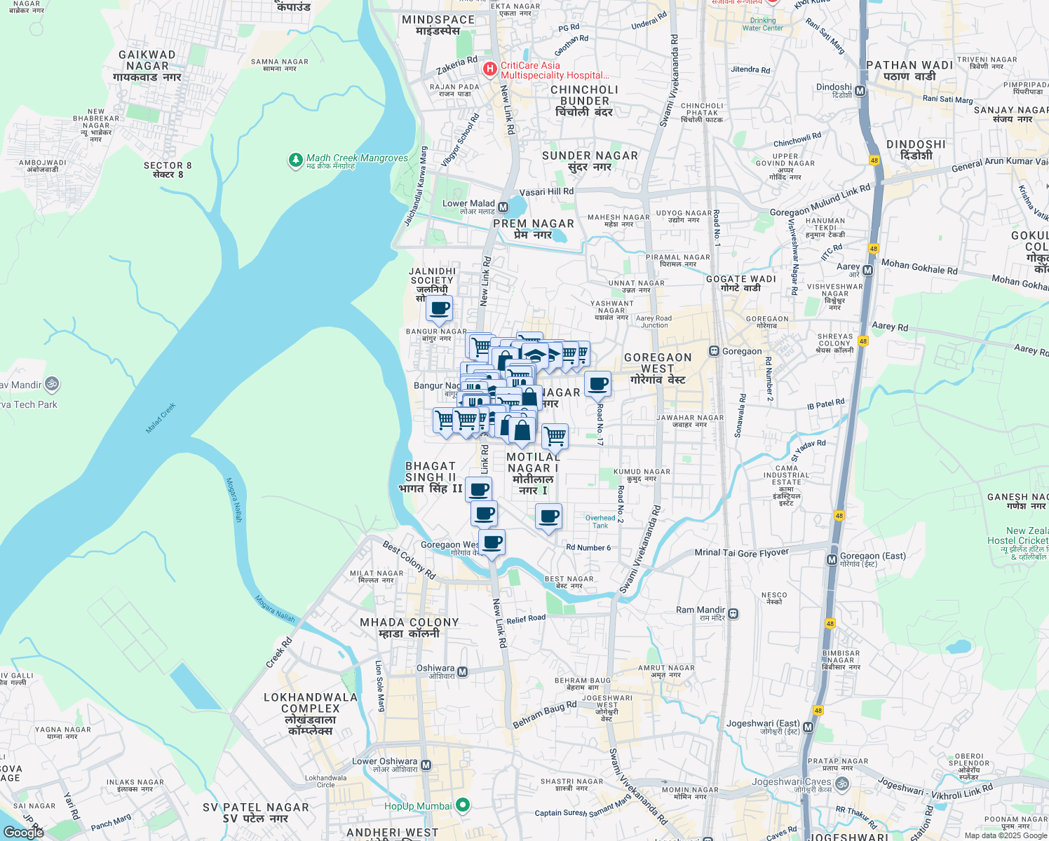 map of restaurants, bars, coffee shops, grocery stores, and more near Siddharth Hospital Road in Mumbai