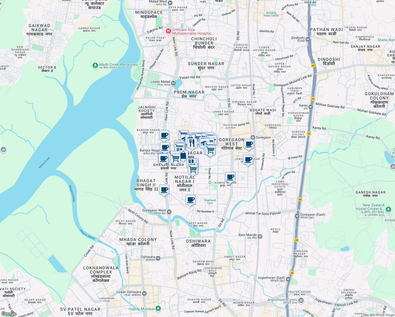 map of restaurants, bars, coffee shops, grocery stores, and more near Road Number 3 in Mumbai