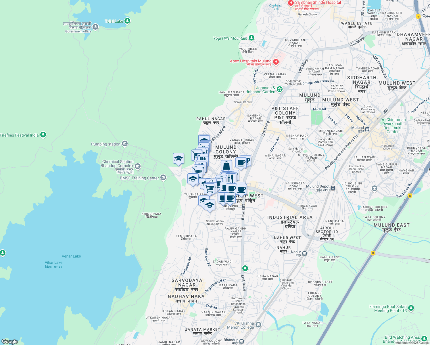 map of restaurants, bars, coffee shops, grocery stores, and more near Goregaon Mulund Link Road in Mumbai