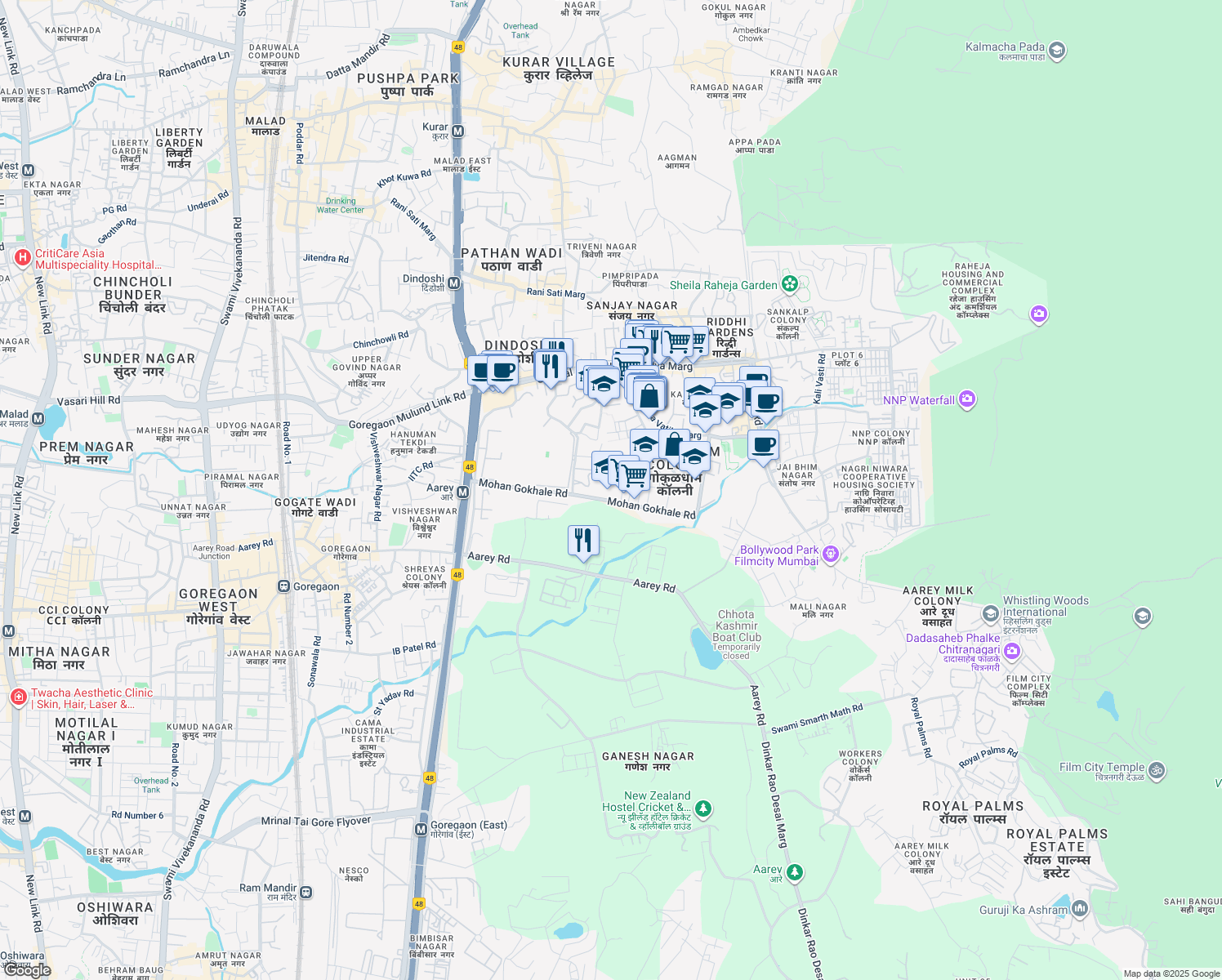 map of restaurants, bars, coffee shops, grocery stores, and more near 1 Mohan Gokhale Road in Mumbai