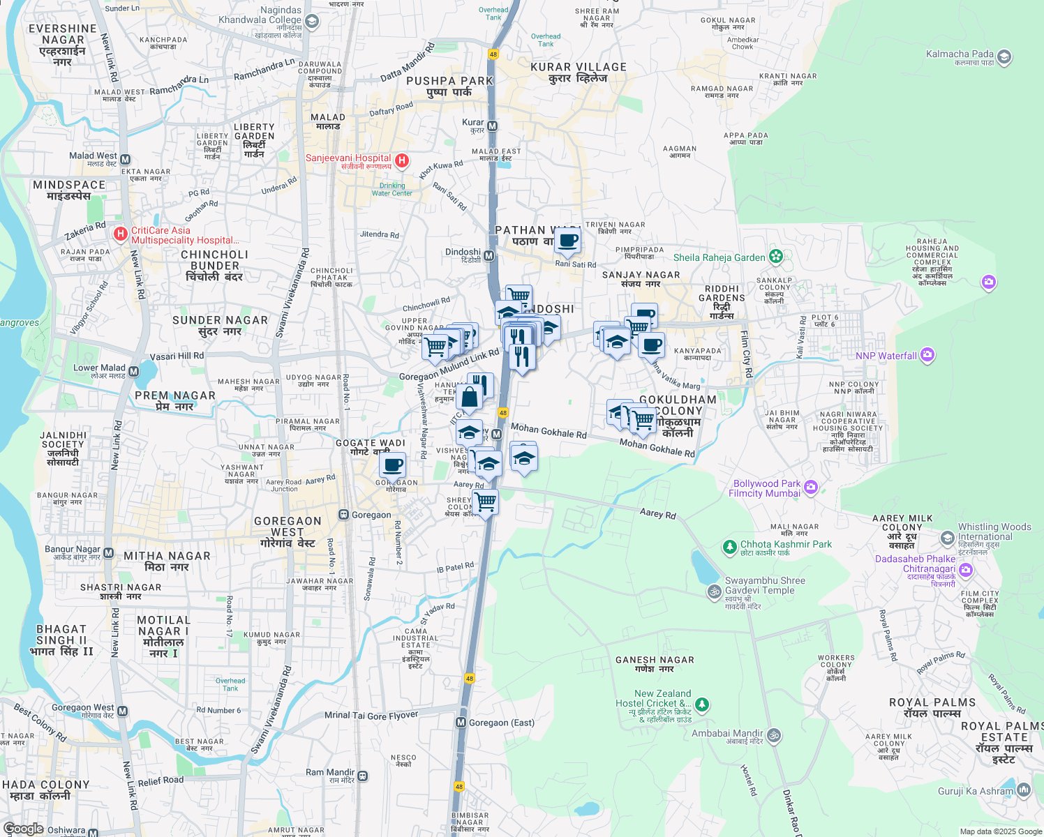 map of restaurants, bars, coffee shops, grocery stores, and more near 1 Mohan Gokhale Road in Mumbai
