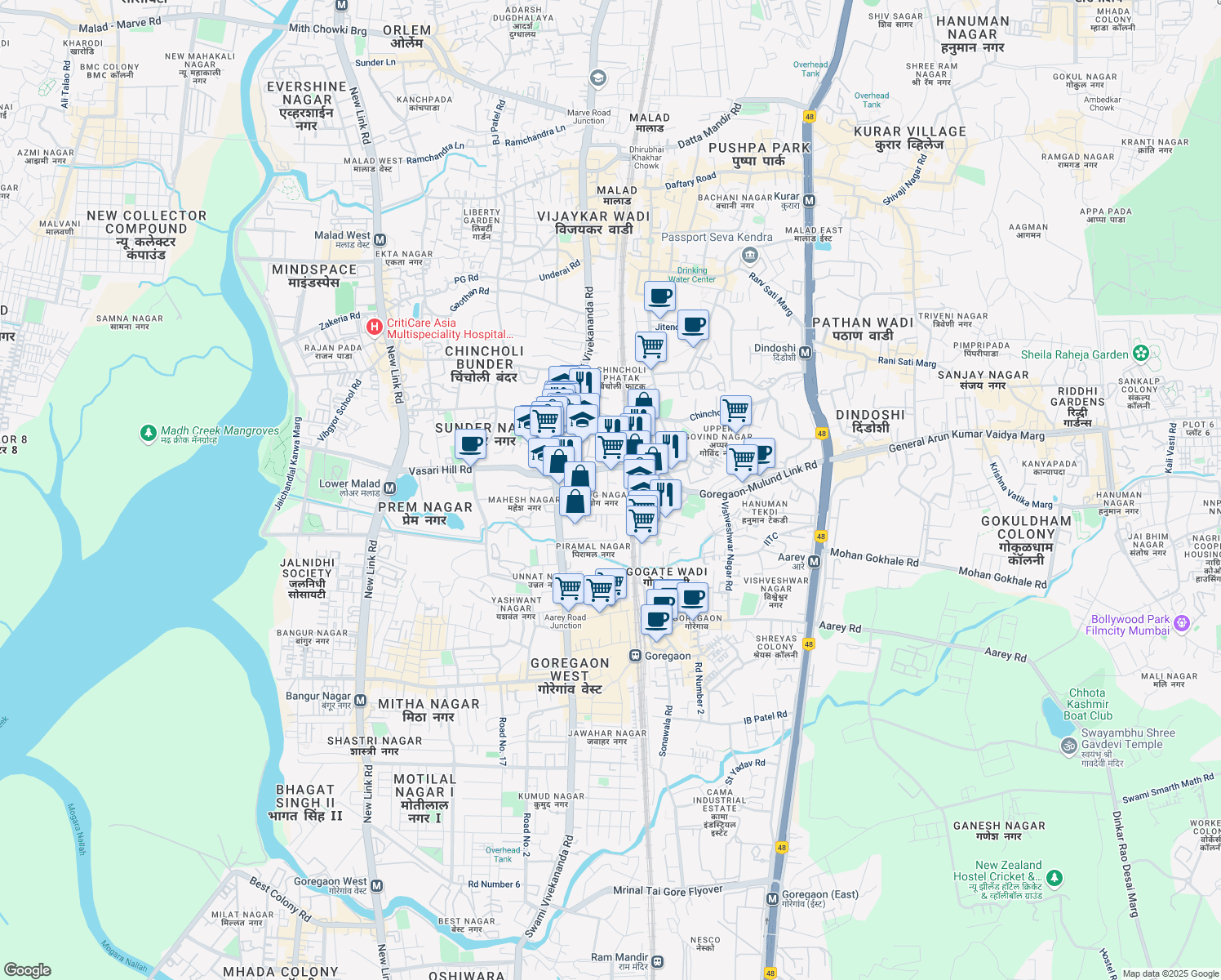 map of restaurants, bars, coffee shops, grocery stores, and more near 7 Vinod Sanghi in Mumbai