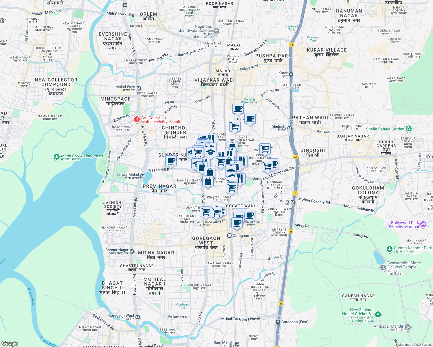 map of restaurants, bars, coffee shops, grocery stores, and more near 7 Vinod Sanghi in Mumbai