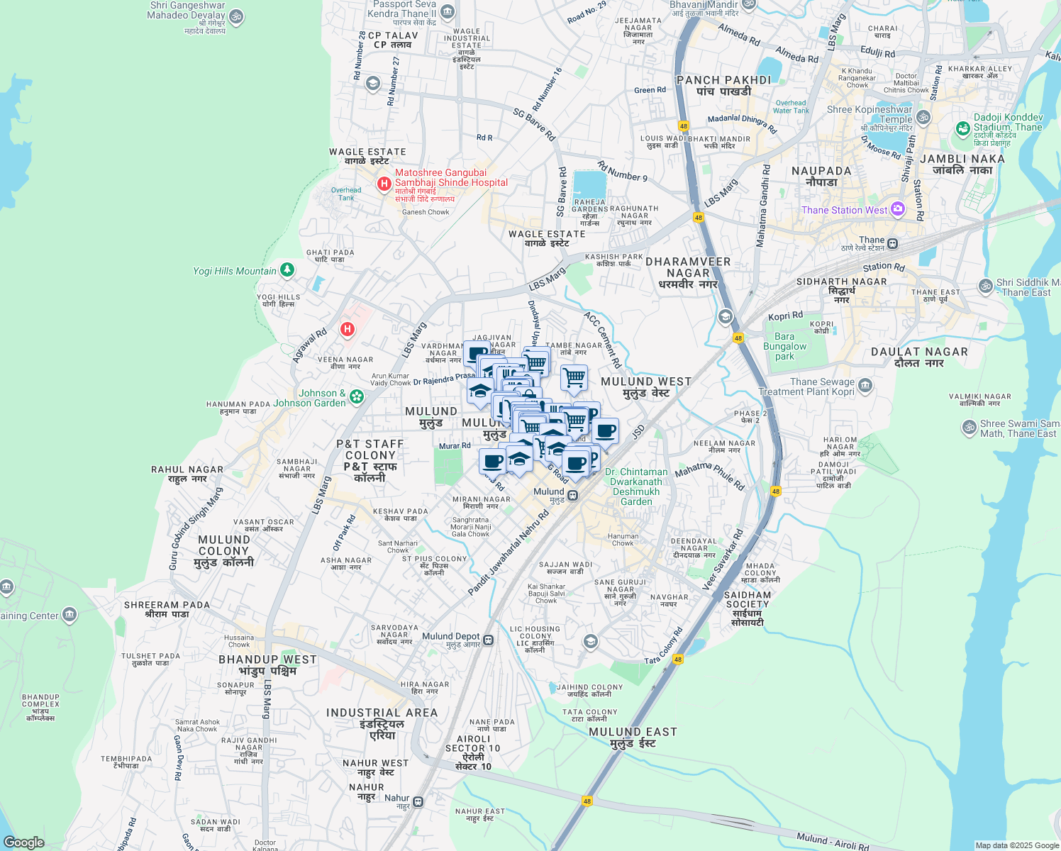 map of restaurants, bars, coffee shops, grocery stores, and more near NS Road in Mumbai