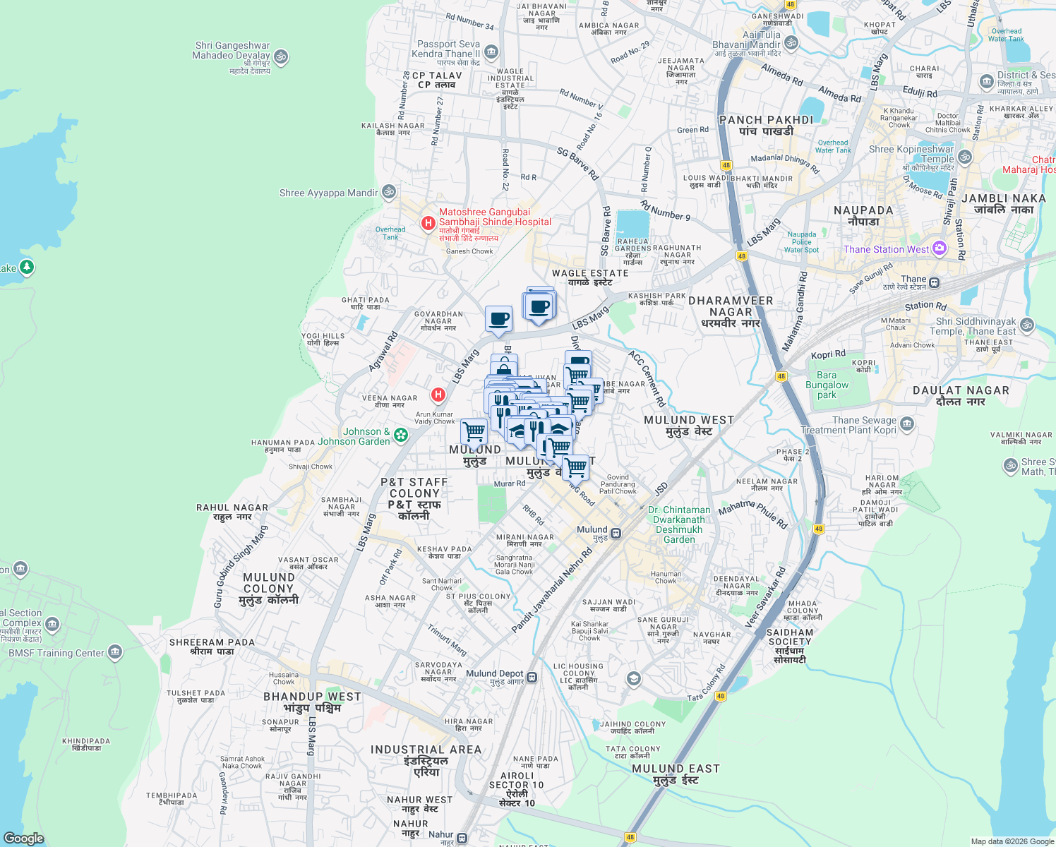map of restaurants, bars, coffee shops, grocery stores, and more near NS Road in Mumbai