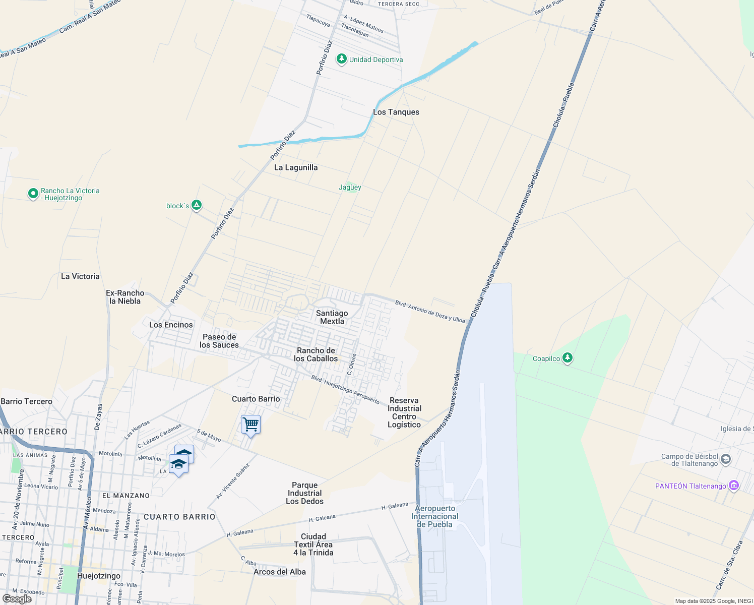 map of restaurants, bars, coffee shops, grocery stores, and more near 103 Boulevard Antonio de Deza y Ulloa in Huejotzingo