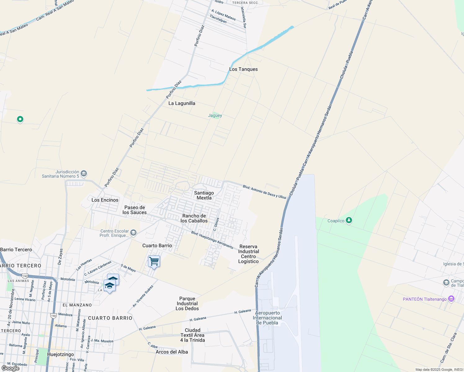 map of restaurants, bars, coffee shops, grocery stores, and more near 103 Boulevard Antonio de Deza y Ulloa in Huejotzingo