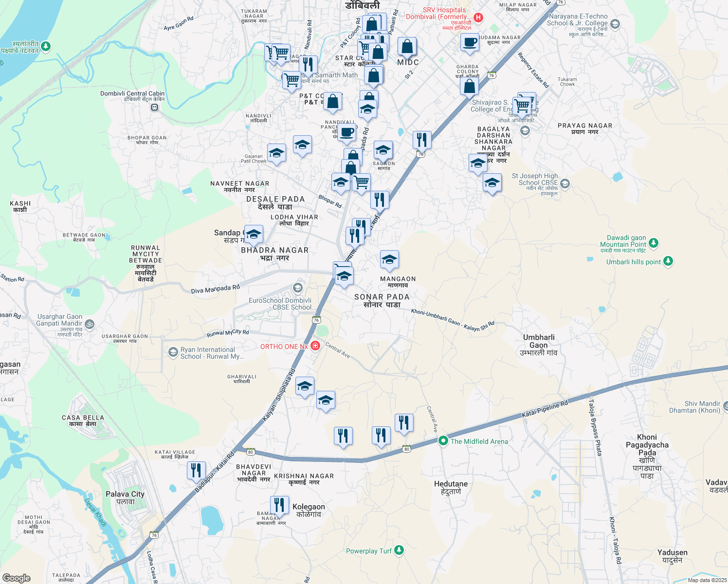 map of restaurants, bars, coffee shops, grocery stores, and more near Kalyan - Shilphata Road in Dombivli