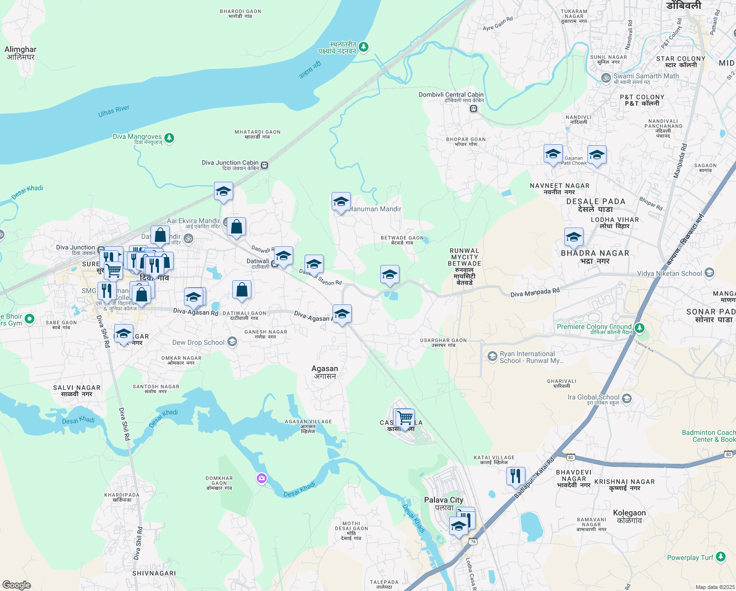map of restaurants, bars, coffee shops, grocery stores, and more near Diva Manpada Road in Konkan Division
