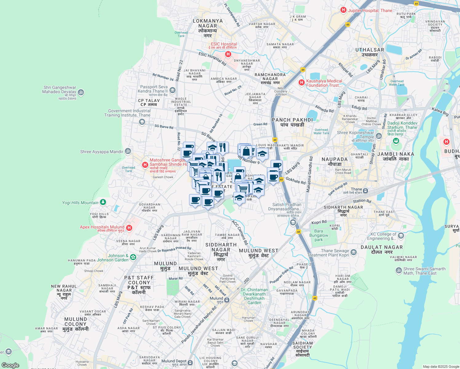 map of restaurants, bars, coffee shops, grocery stores, and more near Road Number 1 in Thane