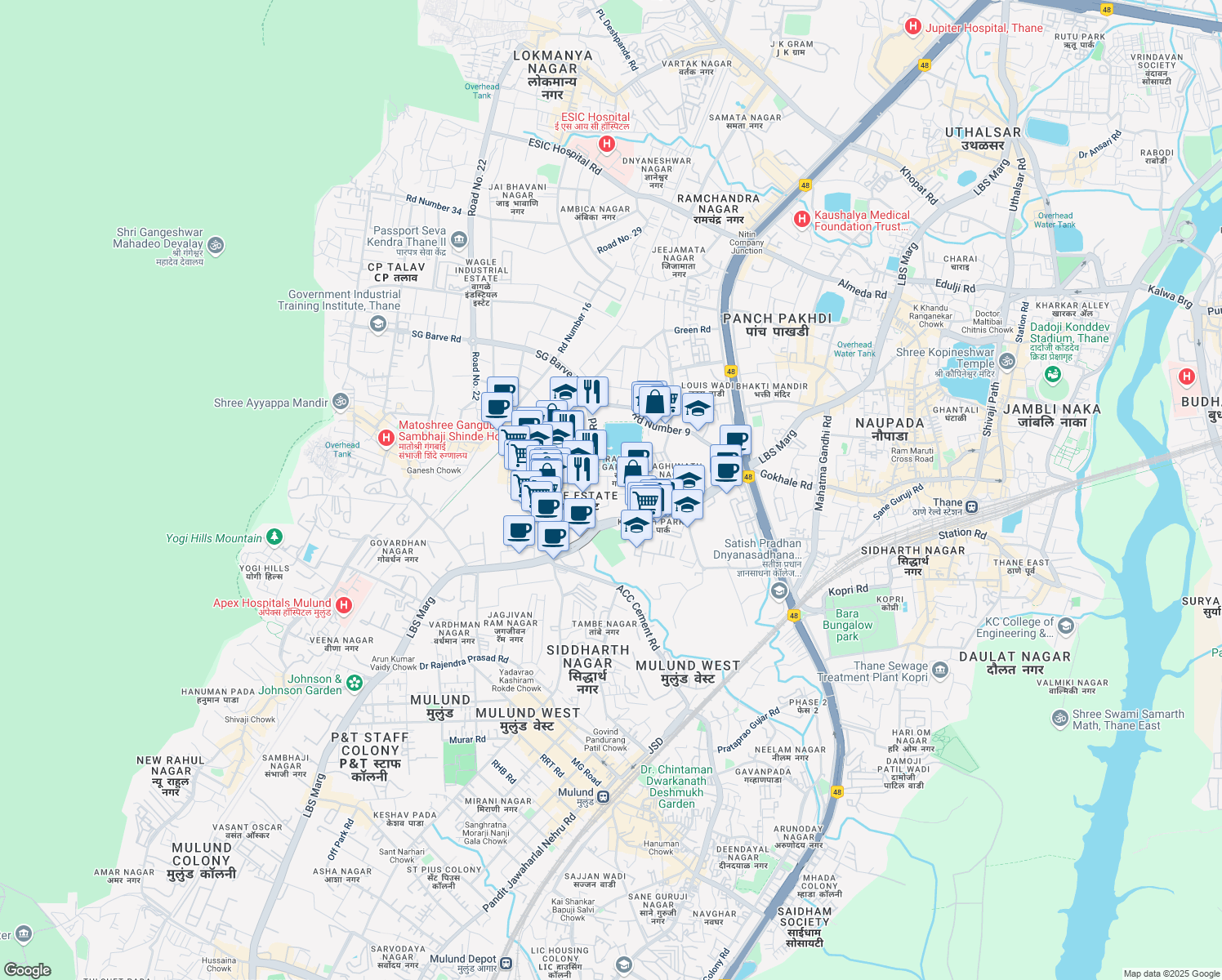 map of restaurants, bars, coffee shops, grocery stores, and more near Road Number 1 in Thane