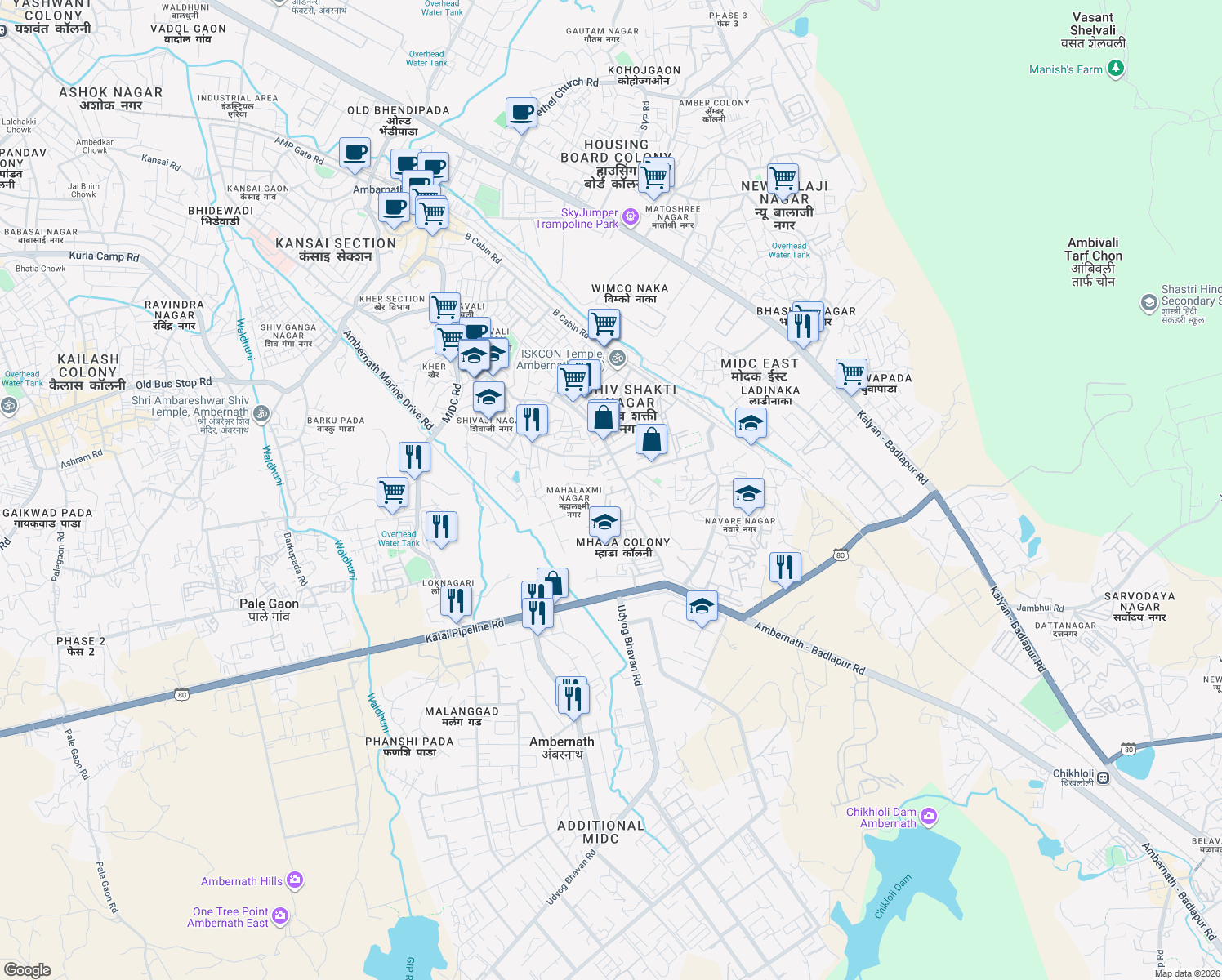 map of restaurants, bars, coffee shops, grocery stores, and more near Royal Park Road in Ambernath