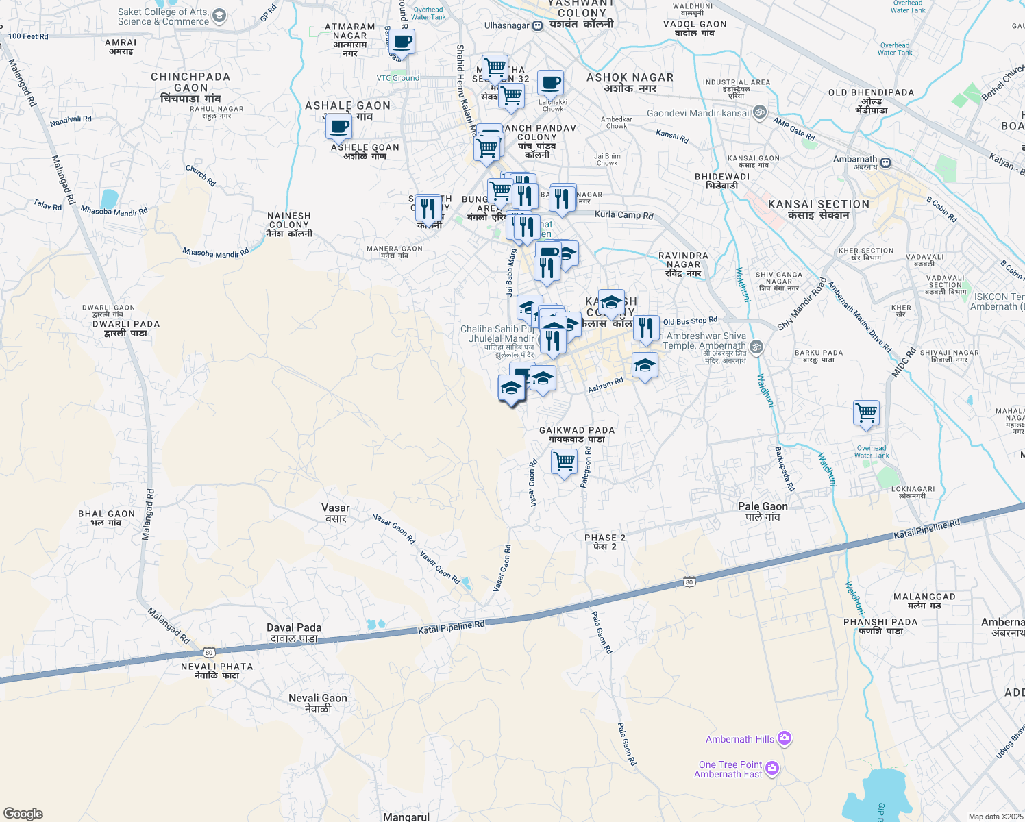 map of restaurants, bars, coffee shops, grocery stores, and more near in Ulhasnagar