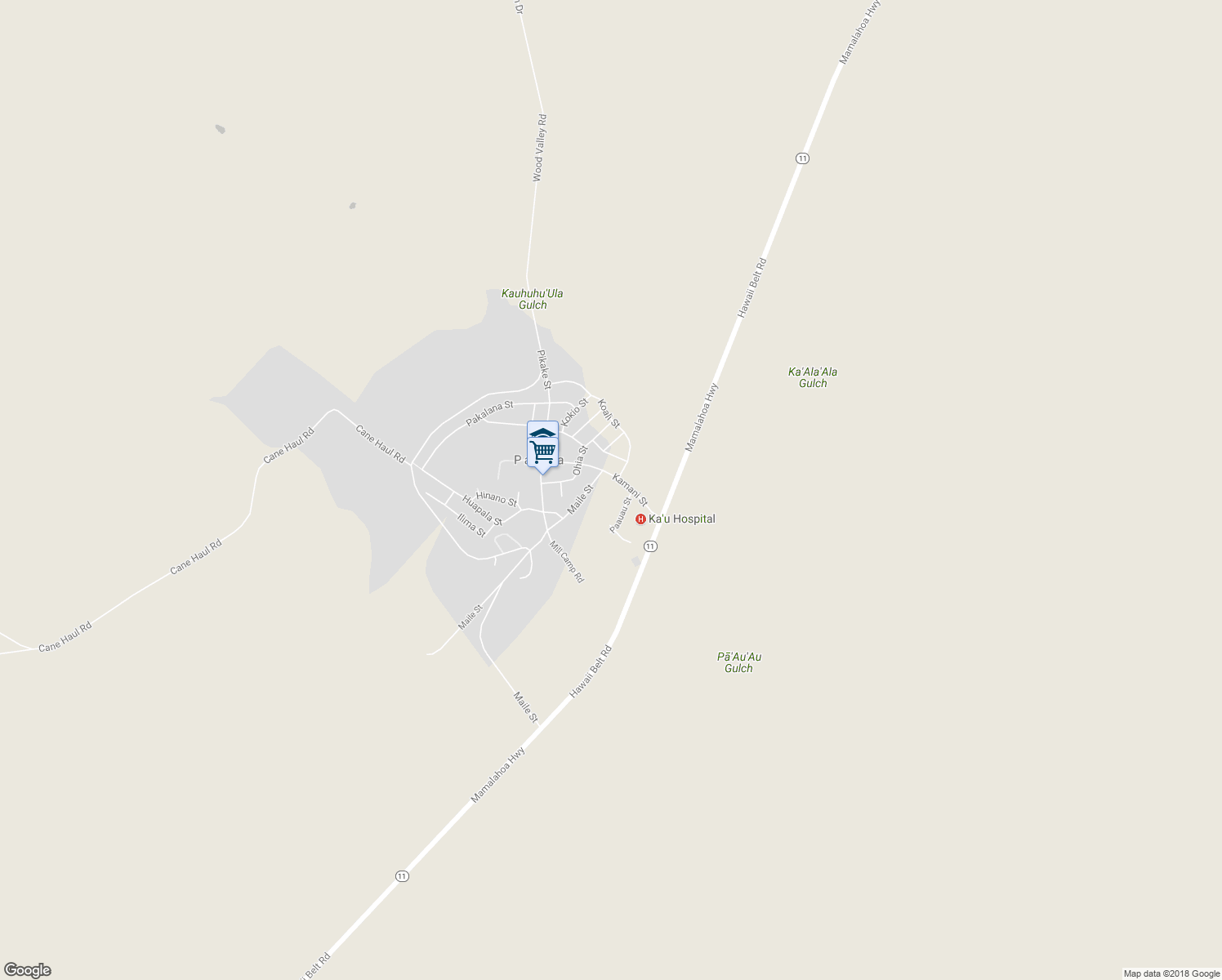 map of restaurants, bars, coffee shops, grocery stores, and more near 96 Kamani Street in Pahala