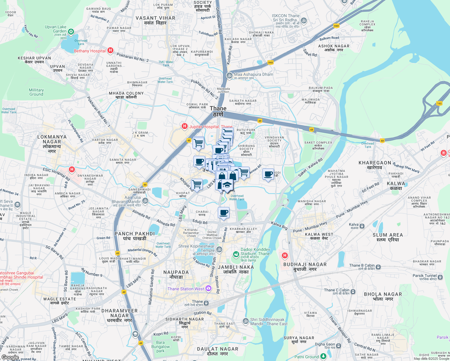 map of restaurants, bars, coffee shops, grocery stores, and more near Uthalsar Road in Thane
