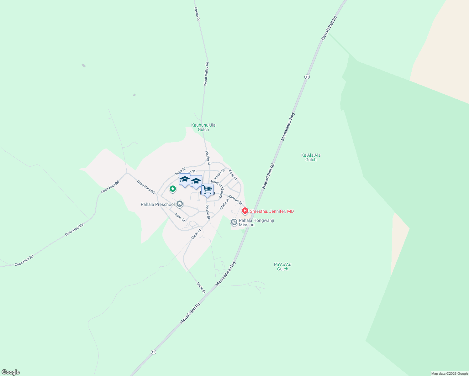 map of restaurants, bars, coffee shops, grocery stores, and more near 96-1143 Iliau Street in Hilo