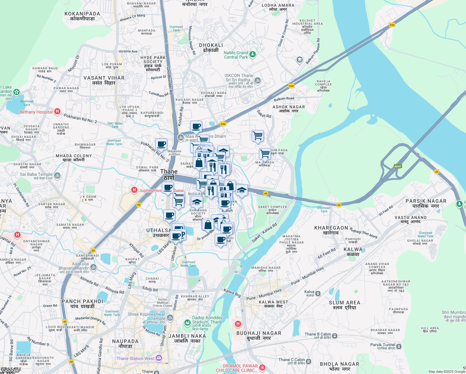 map of restaurants, bars, coffee shops, grocery stores, and more near Eastern Express Highway in Thane