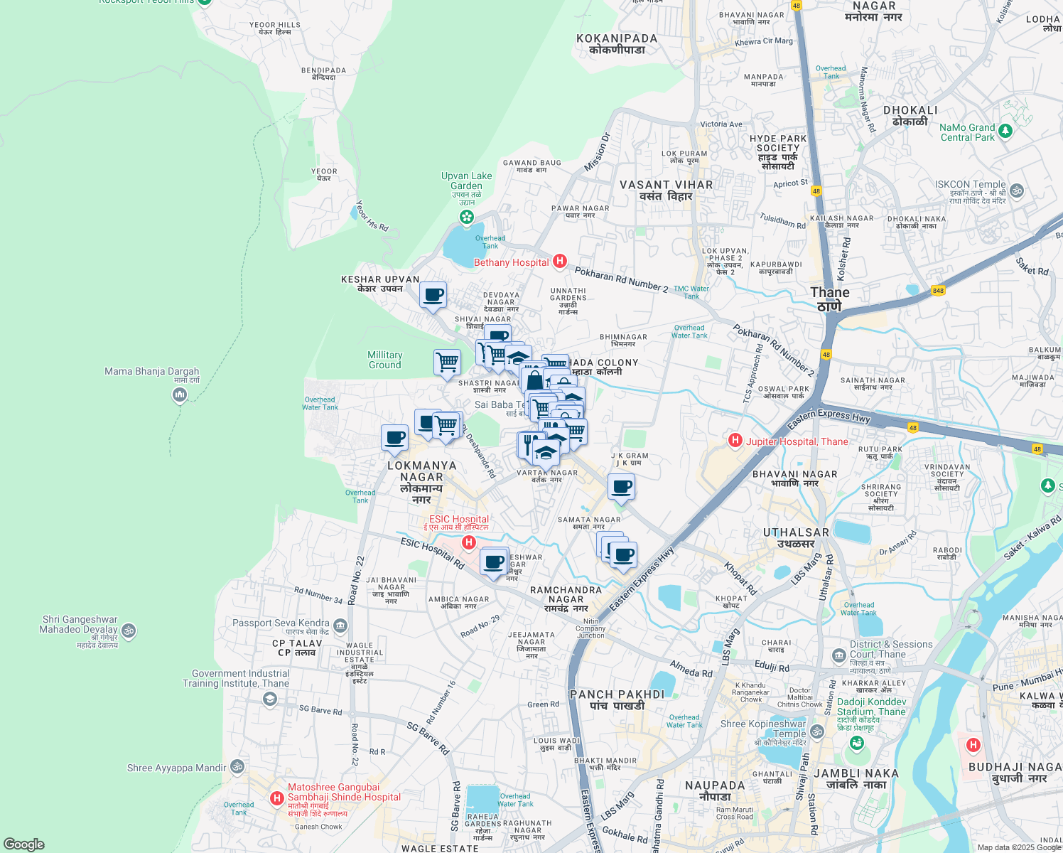map of restaurants, bars, coffee shops, grocery stores, and more near Pokharan Road Number 1 in Thane