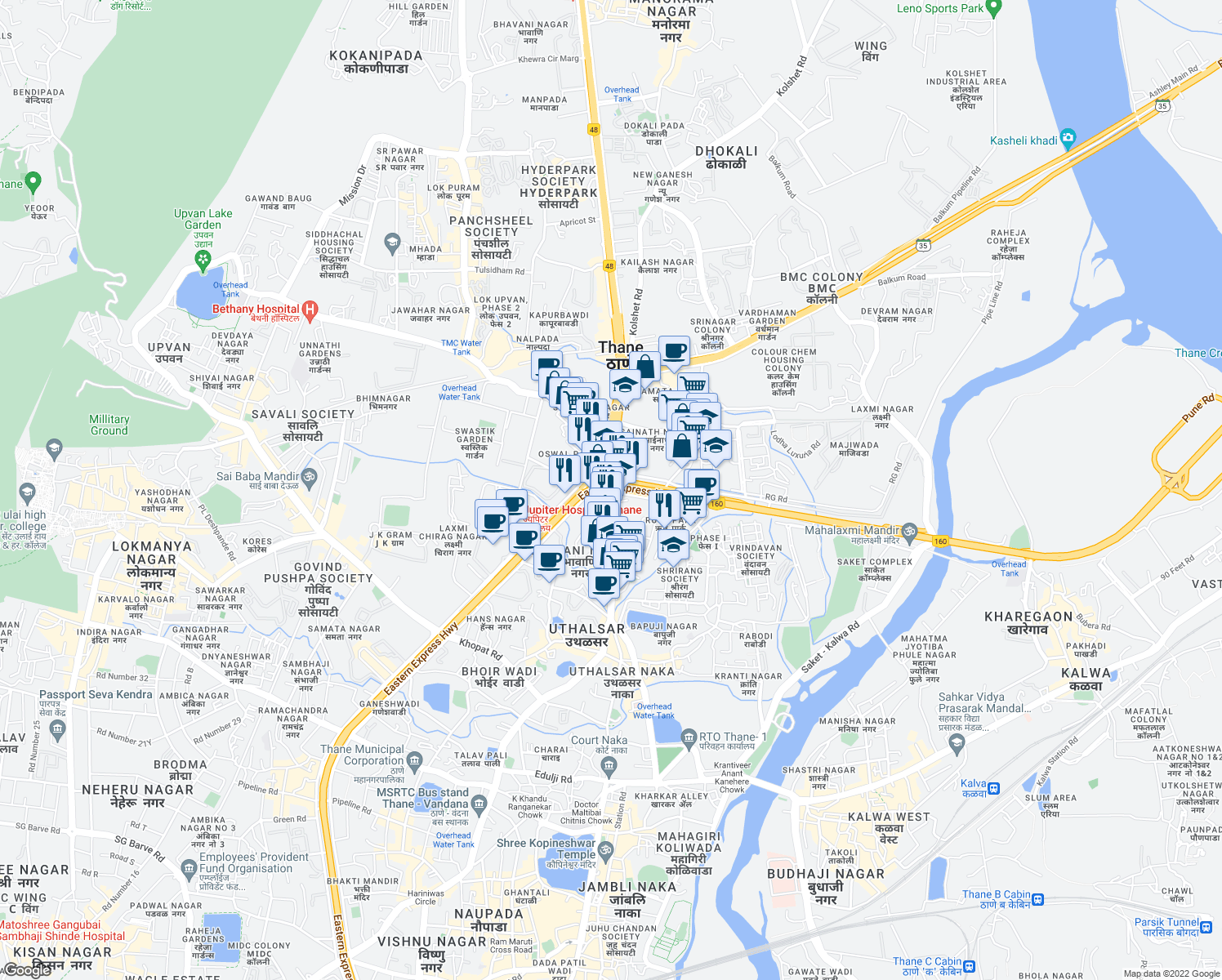map of restaurants, bars, coffee shops, grocery stores, and more near S-1 Eastern Express Highway in Thane