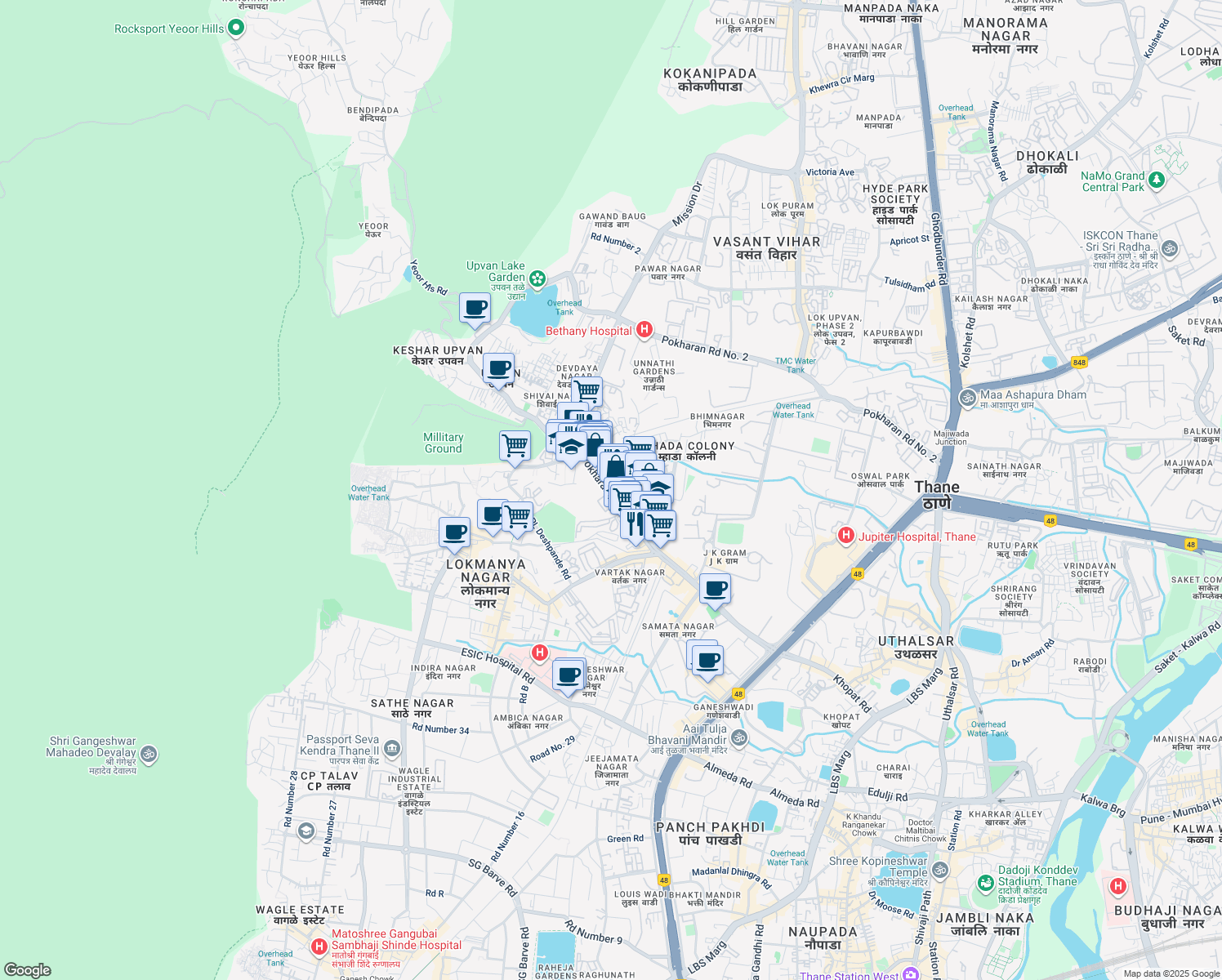 map of restaurants, bars, coffee shops, grocery stores, and more near Pokharan Road Number 1 in Thane