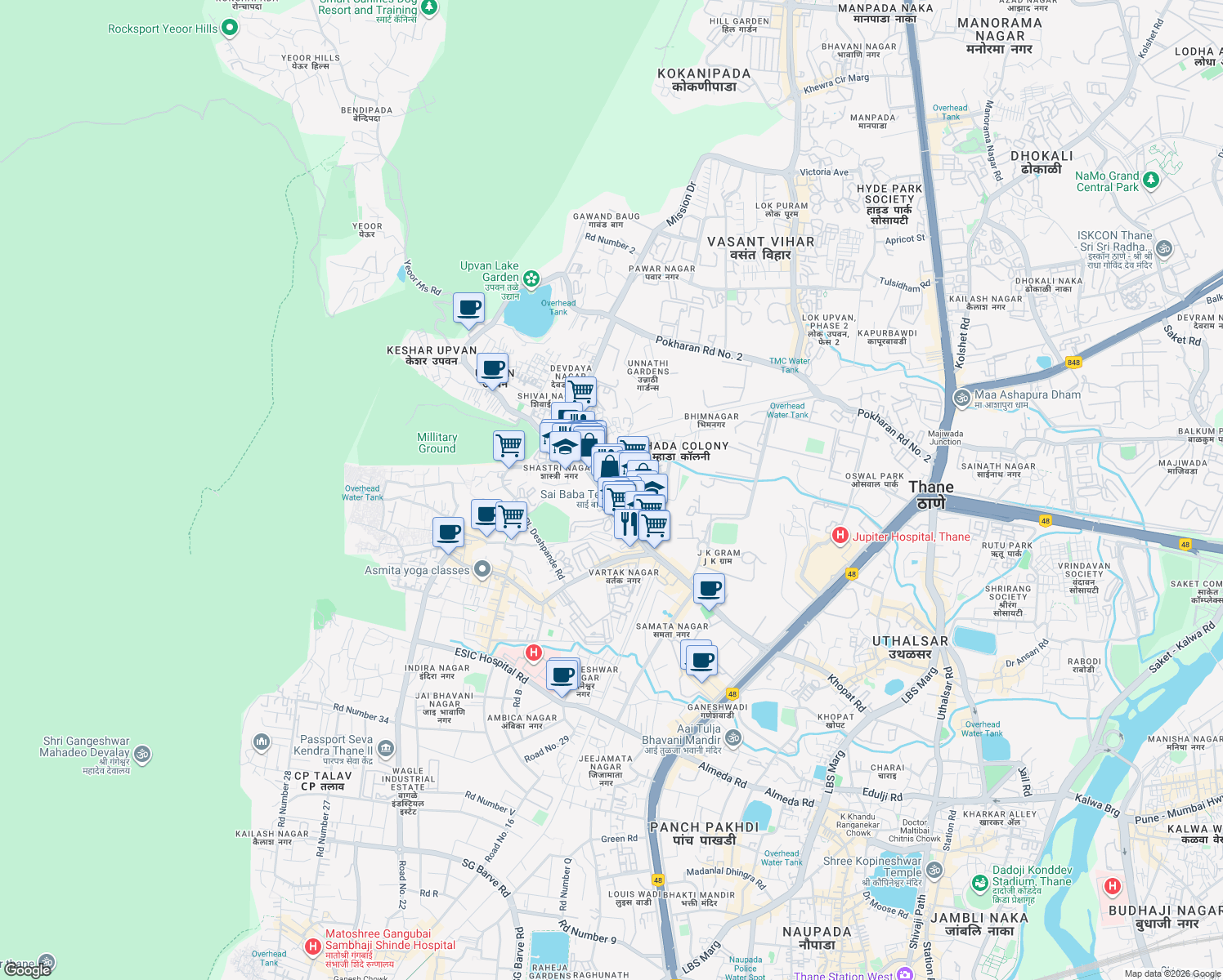 map of restaurants, bars, coffee shops, grocery stores, and more near Pokharan Road Number 1 in Thane