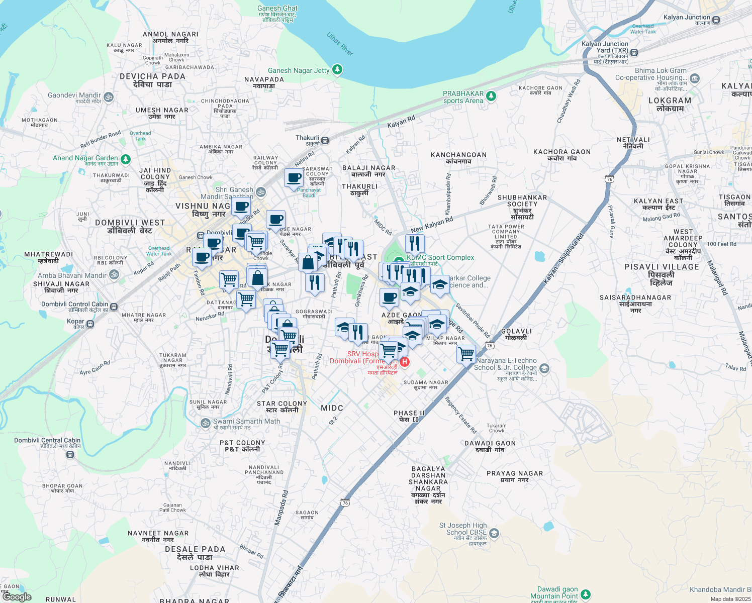 map of restaurants, bars, coffee shops, grocery stores, and more near 4 Gymkhana Road in Dombivli