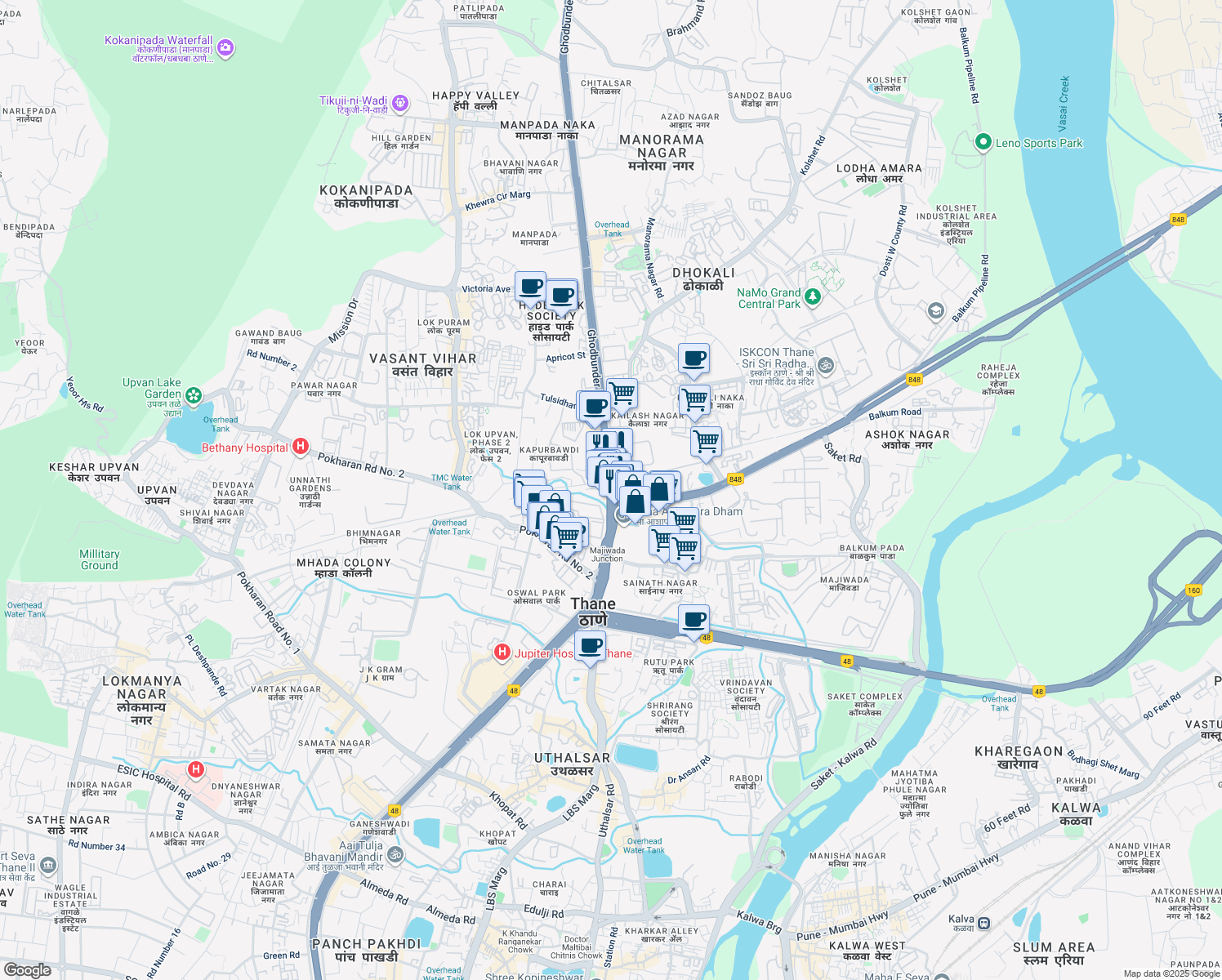 map of restaurants, bars, coffee shops, grocery stores, and more near in Thane