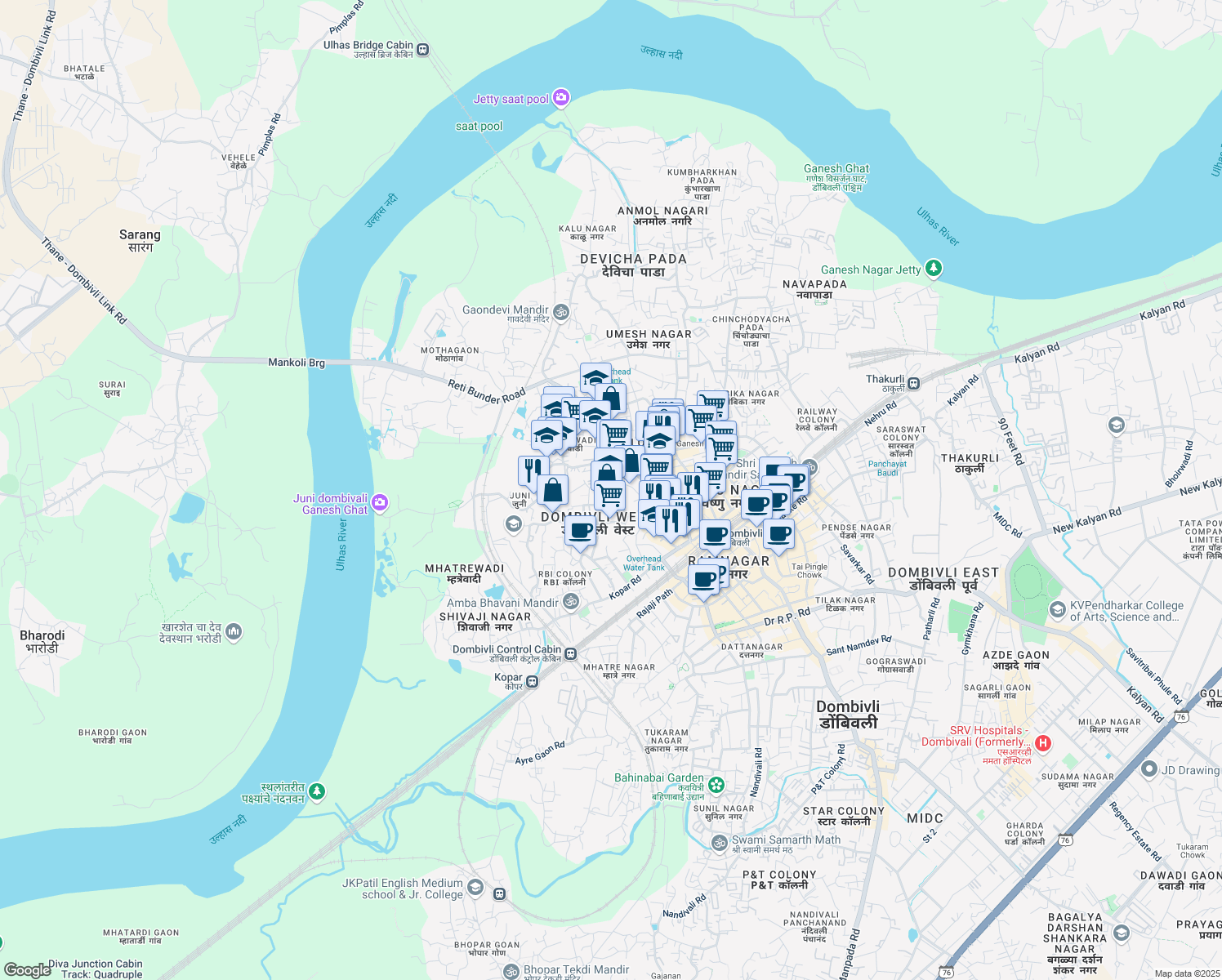 map of restaurants, bars, coffee shops, grocery stores, and more near Mumbra Devi Road in Dombivli