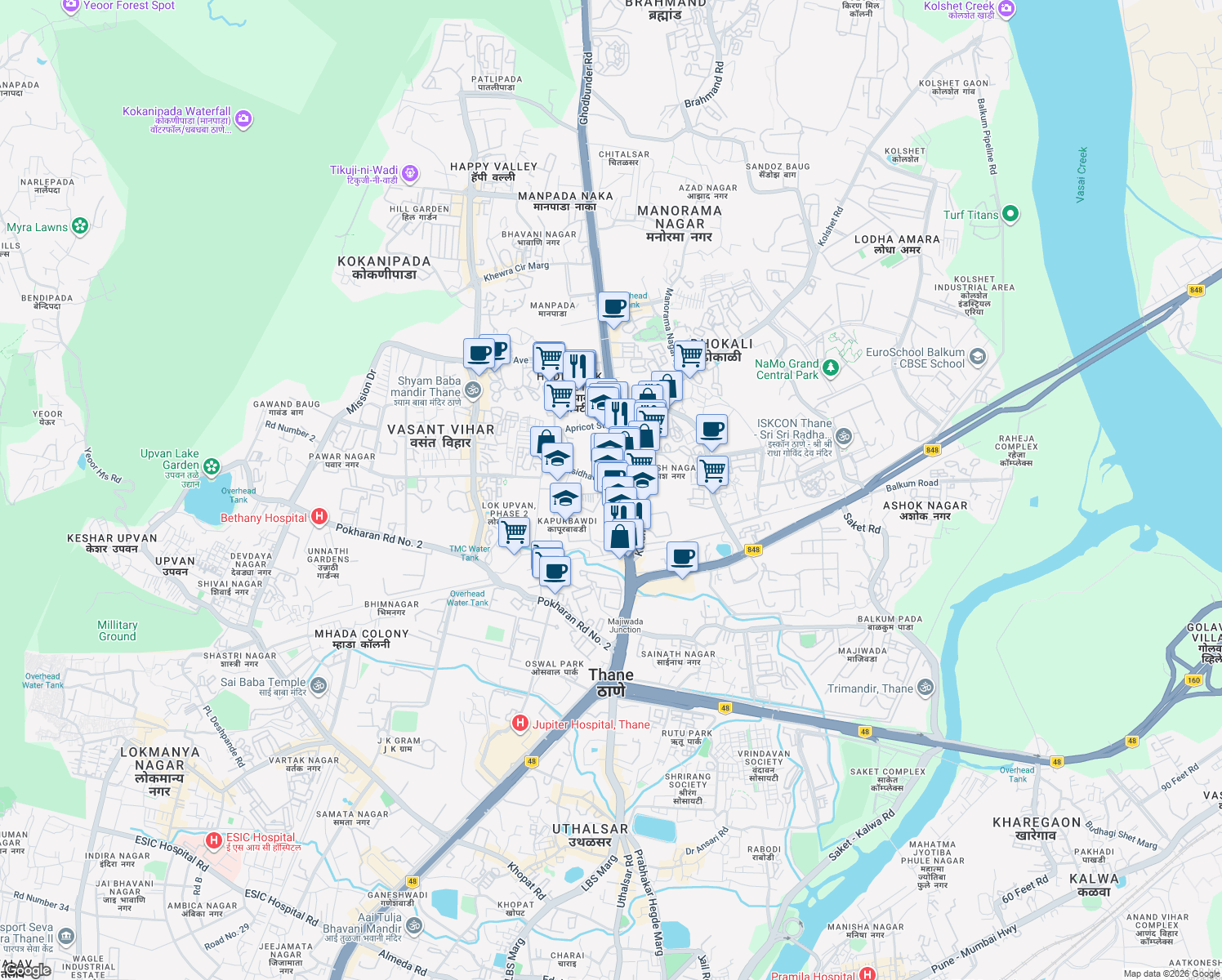 map of restaurants, bars, coffee shops, grocery stores, and more near Ghodbunder Road in Thane