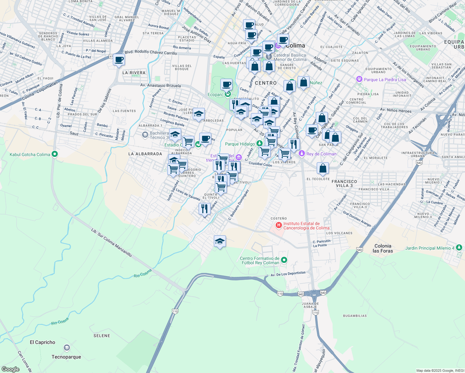map of restaurants, bars, coffee shops, grocery stores, and more near 218 Francisco cortes de San Buenaventura in Colima