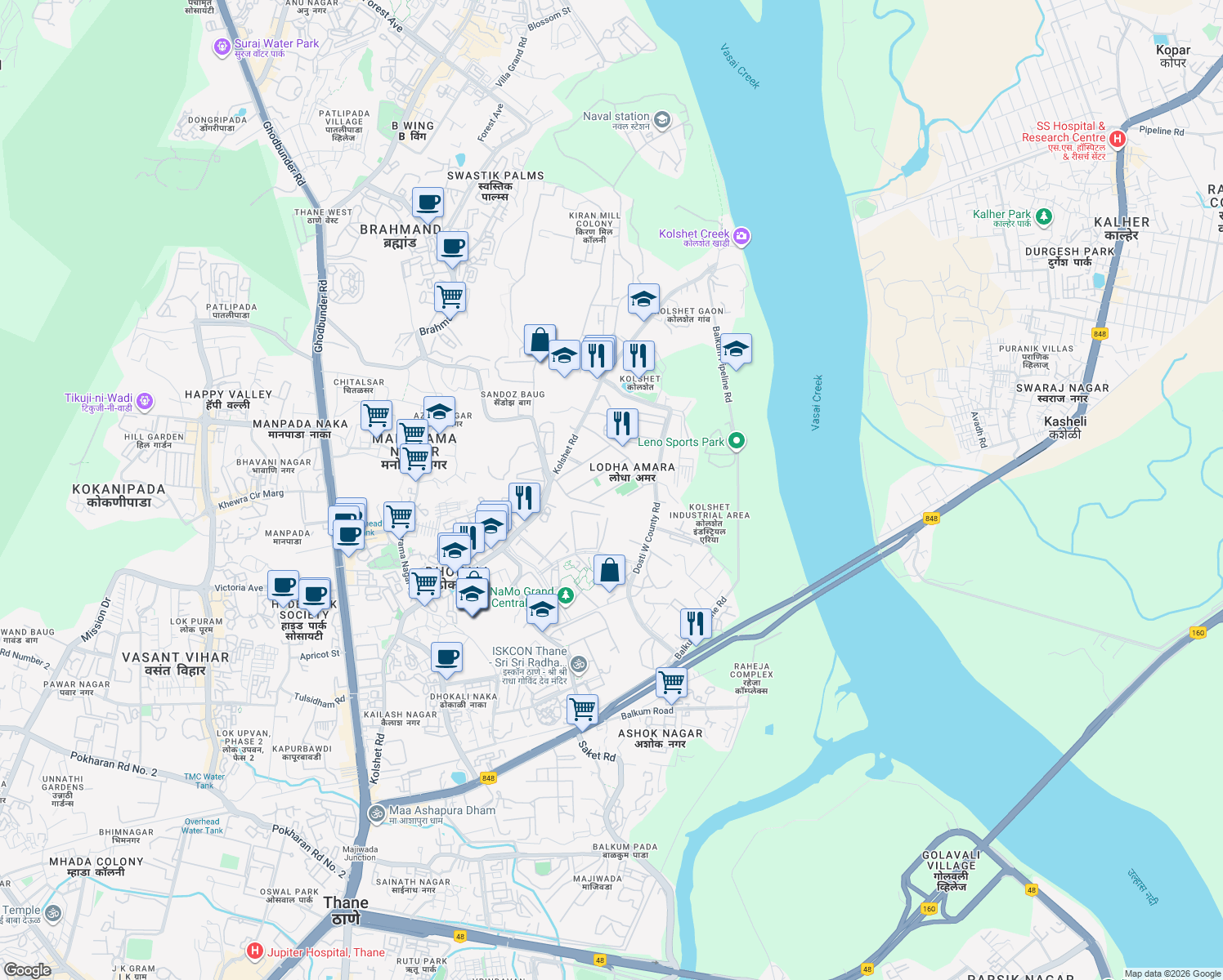 map of restaurants, bars, coffee shops, grocery stores, and more near Kolshet Road in Thane