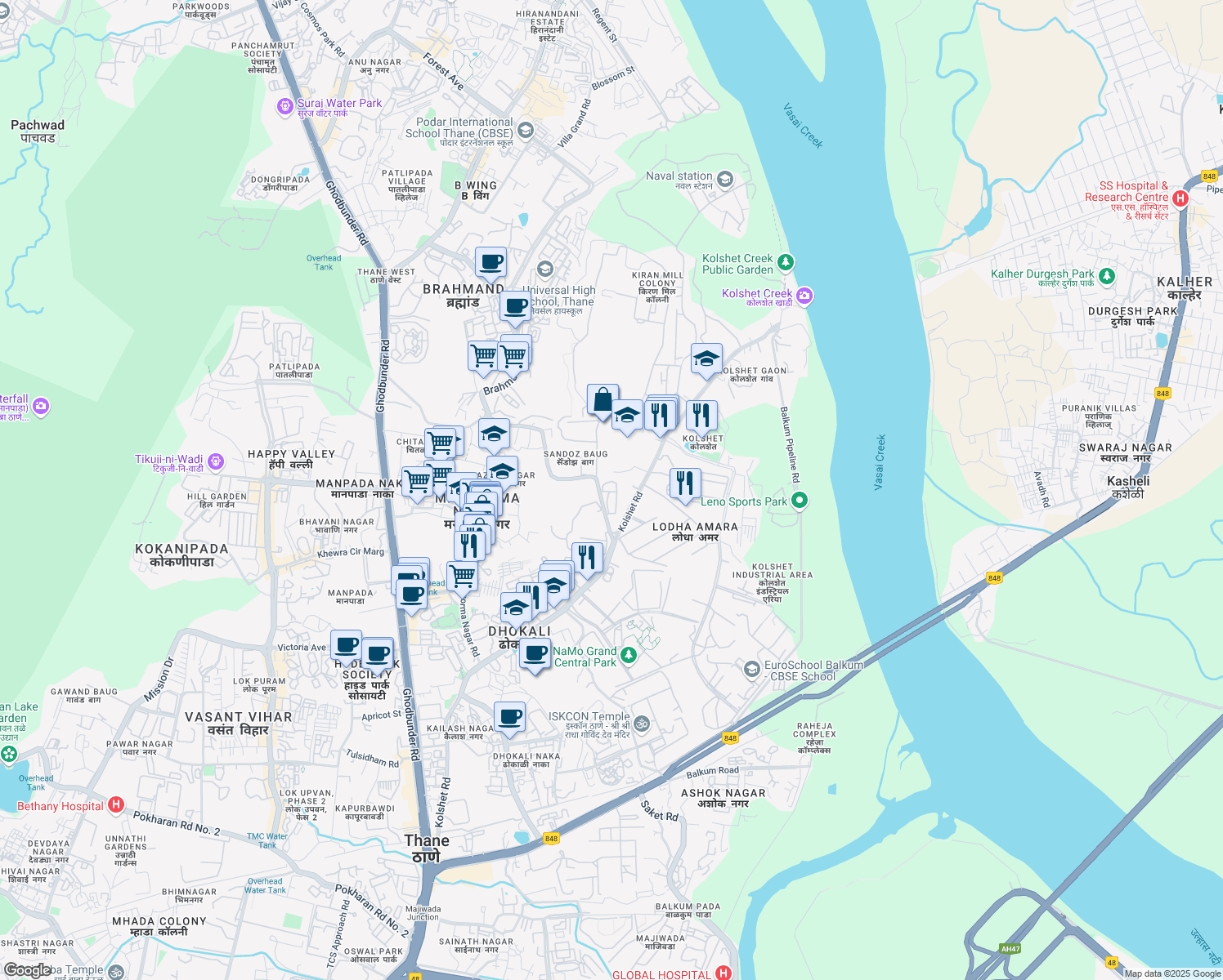 map of restaurants, bars, coffee shops, grocery stores, and more near Kolshet Road in Thane