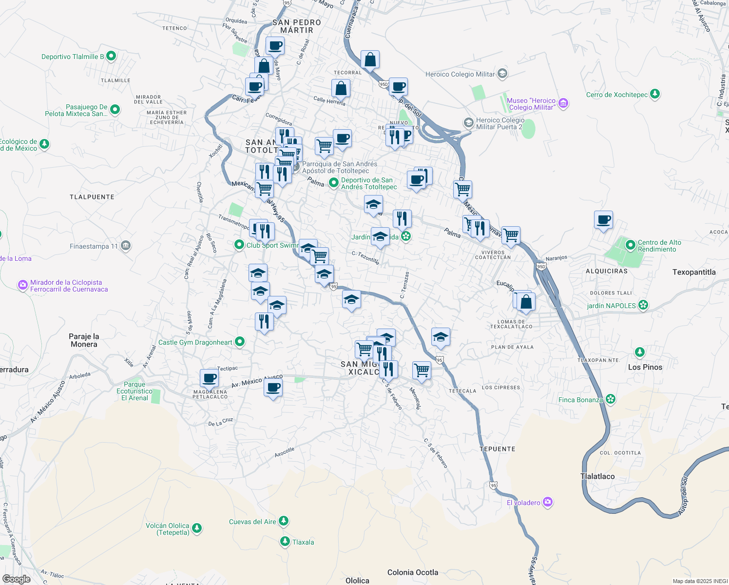 map of restaurants, bars, coffee shops, grocery stores, and more near Carretera Federal A Cuernavaca in Ciudad de México
