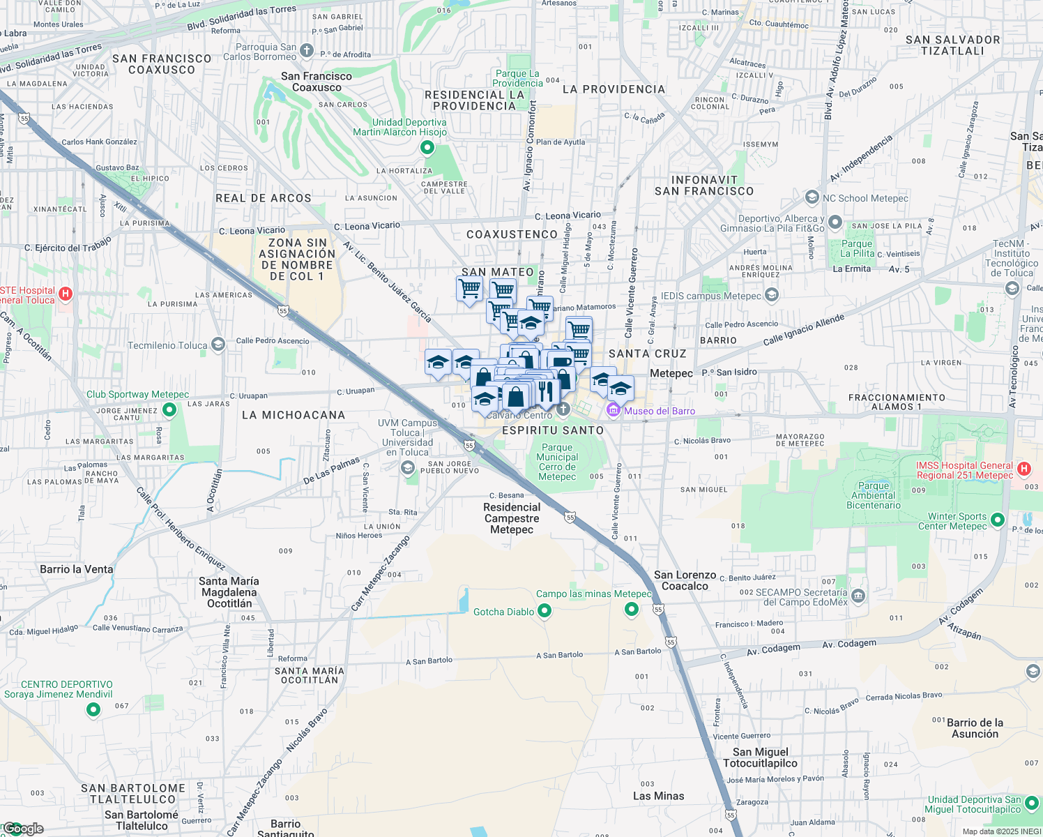 map of restaurants, bars, coffee shops, grocery stores, and more near 144 Avenida Ignacio Comonfort in Metepec