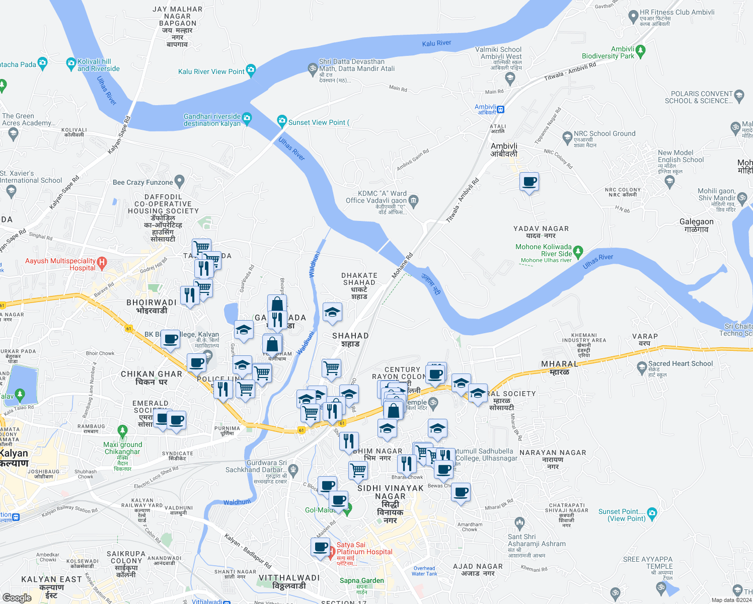 map of restaurants, bars, coffee shops, grocery stores, and more near in Ulhasnagar